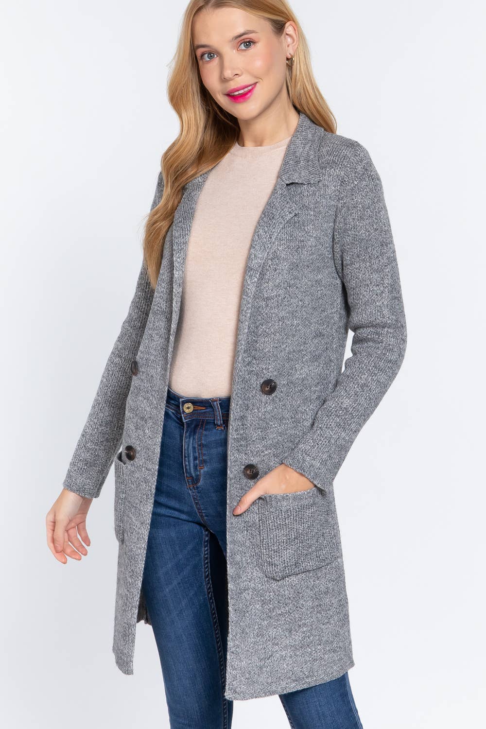 Long Sleeve Notched Collar Sweater Jacket