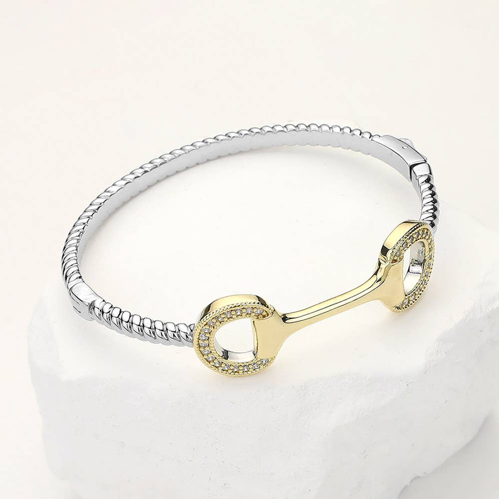 Sensibling Corp. - Two Tone CZ Paved Horsebit Accented Hinged Bangle Bracelet