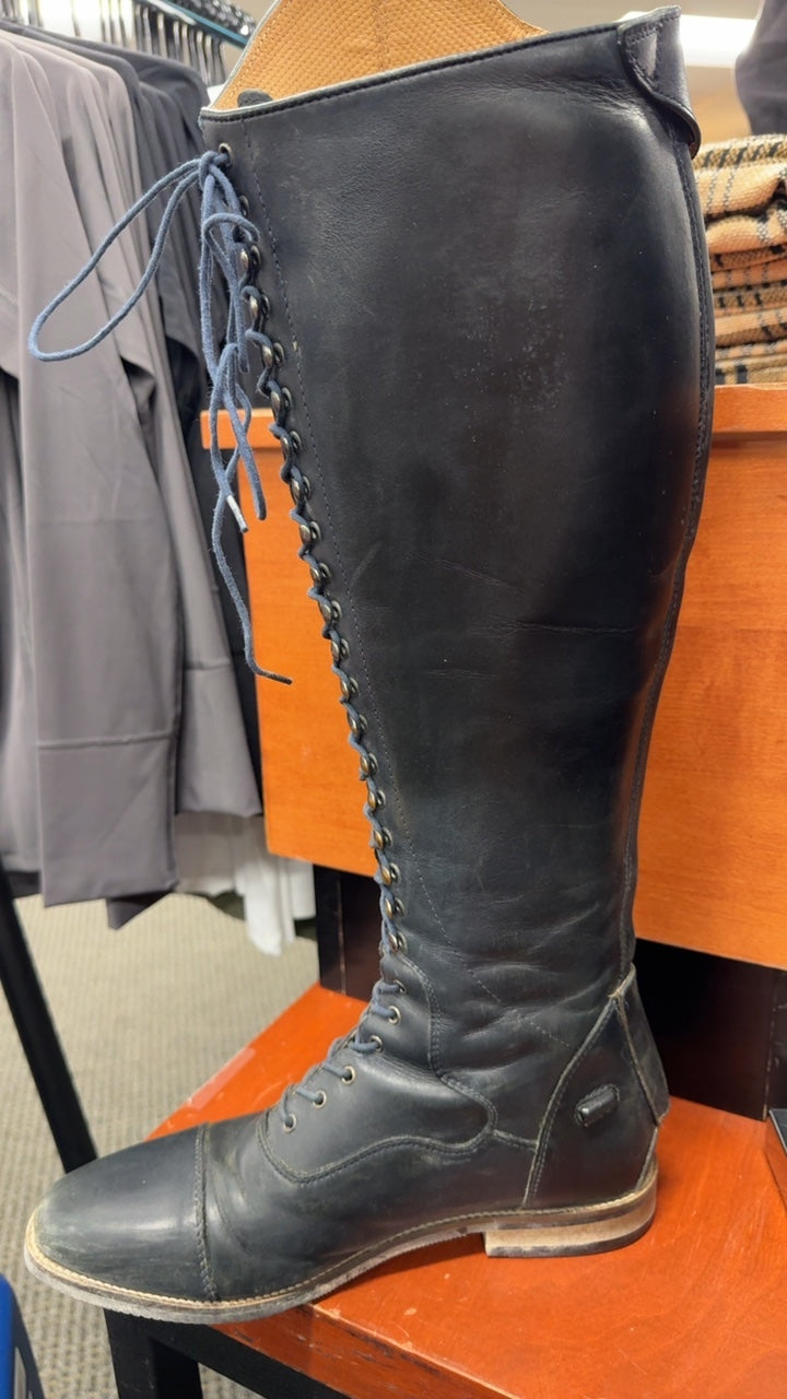 Used Maurizia Premier Equine Ladies Lace Front Tall Leather Riding Boot 39 Euro US 8-8.5 Navy