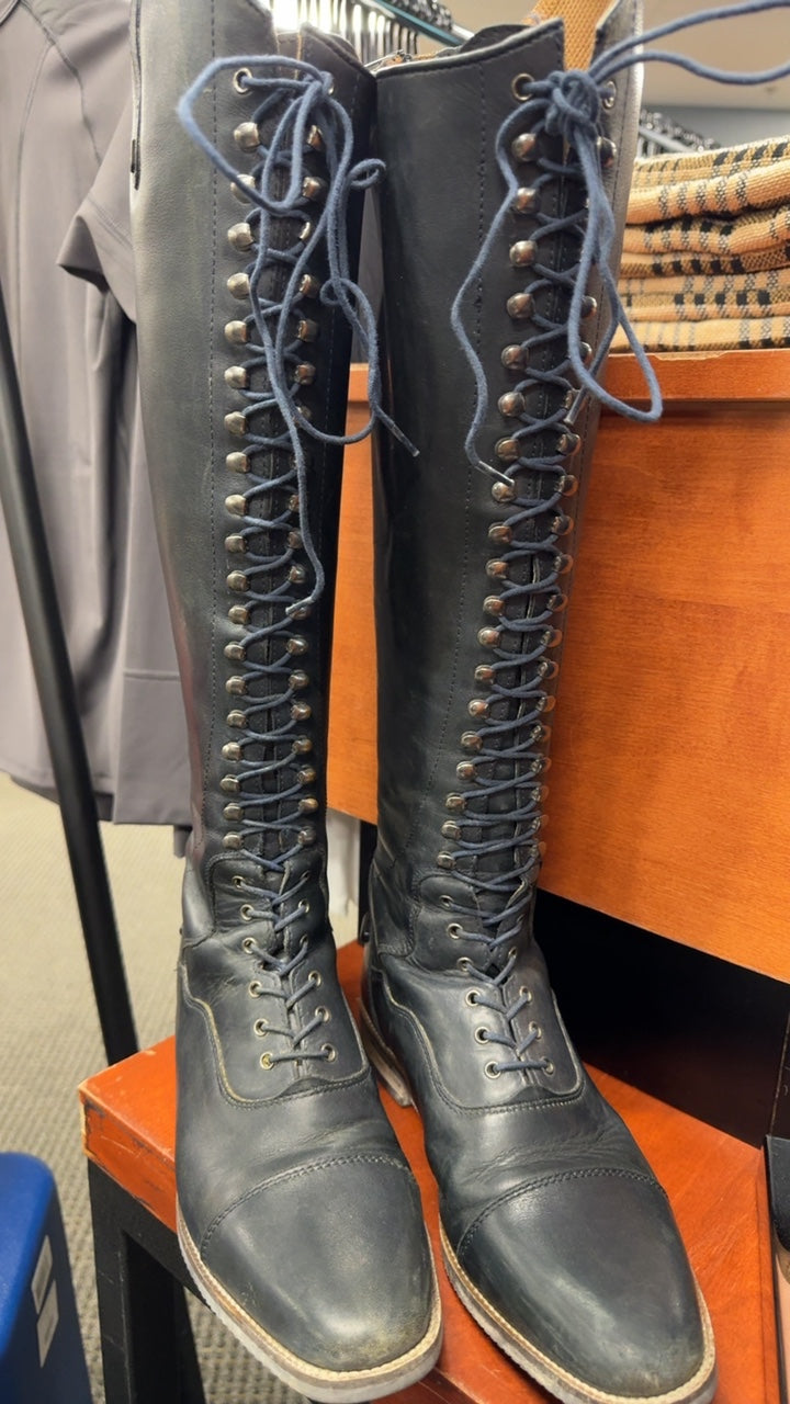 Used Maurizia Premier Equine Ladies Lace Front Tall Leather Riding Boot 39 Euro US 8-8.5 Navy