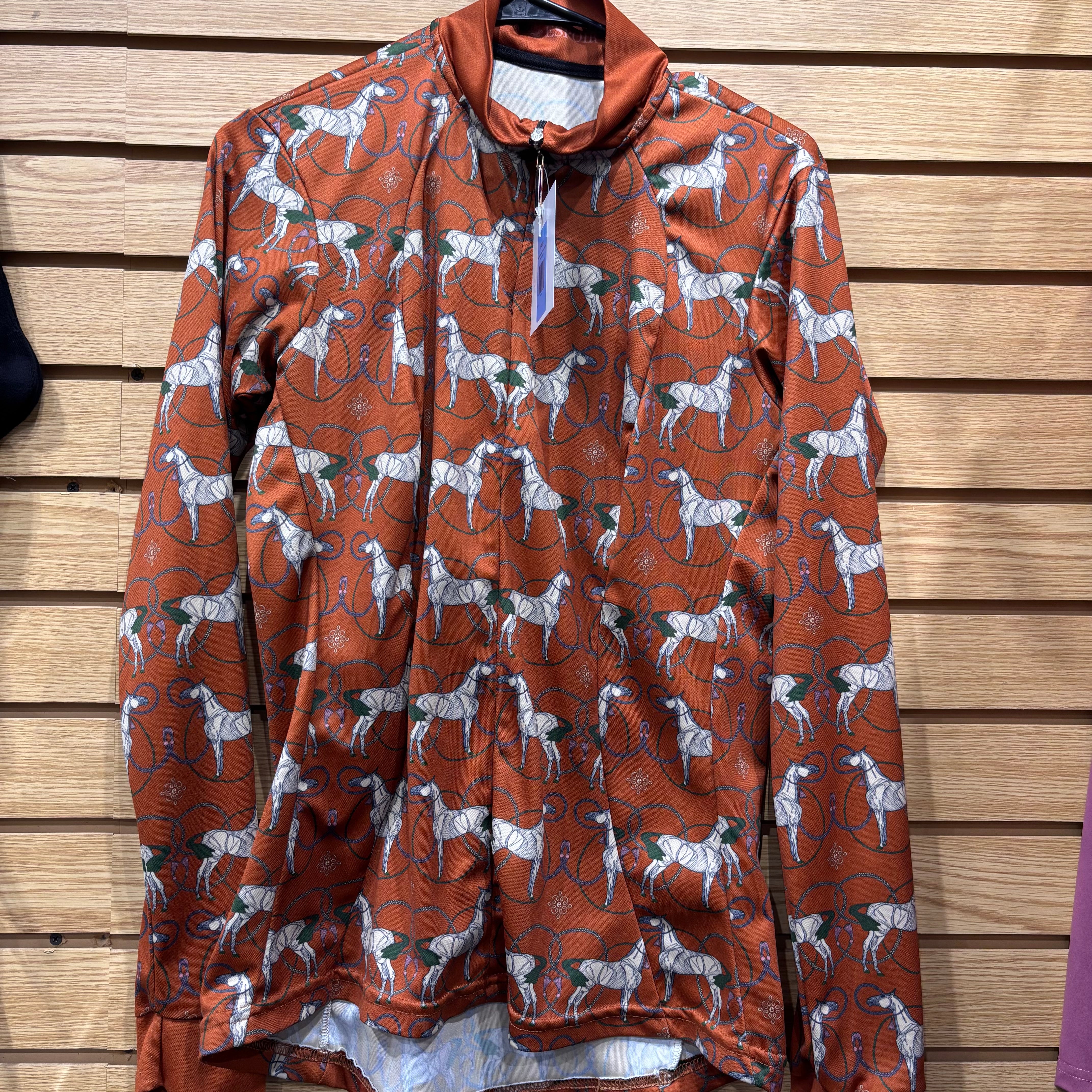 Used Espoir Large Orange/Horse Print Sun Shirt