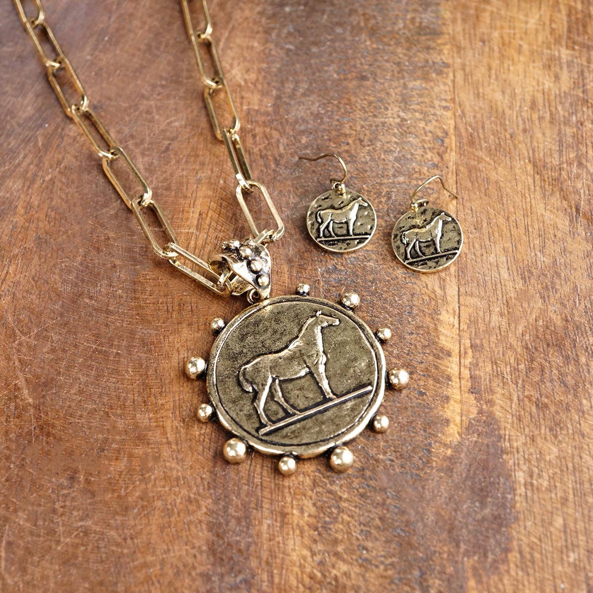 Equestrian Western Horse Coin Statement Necklace Set – Worn Silver Tone