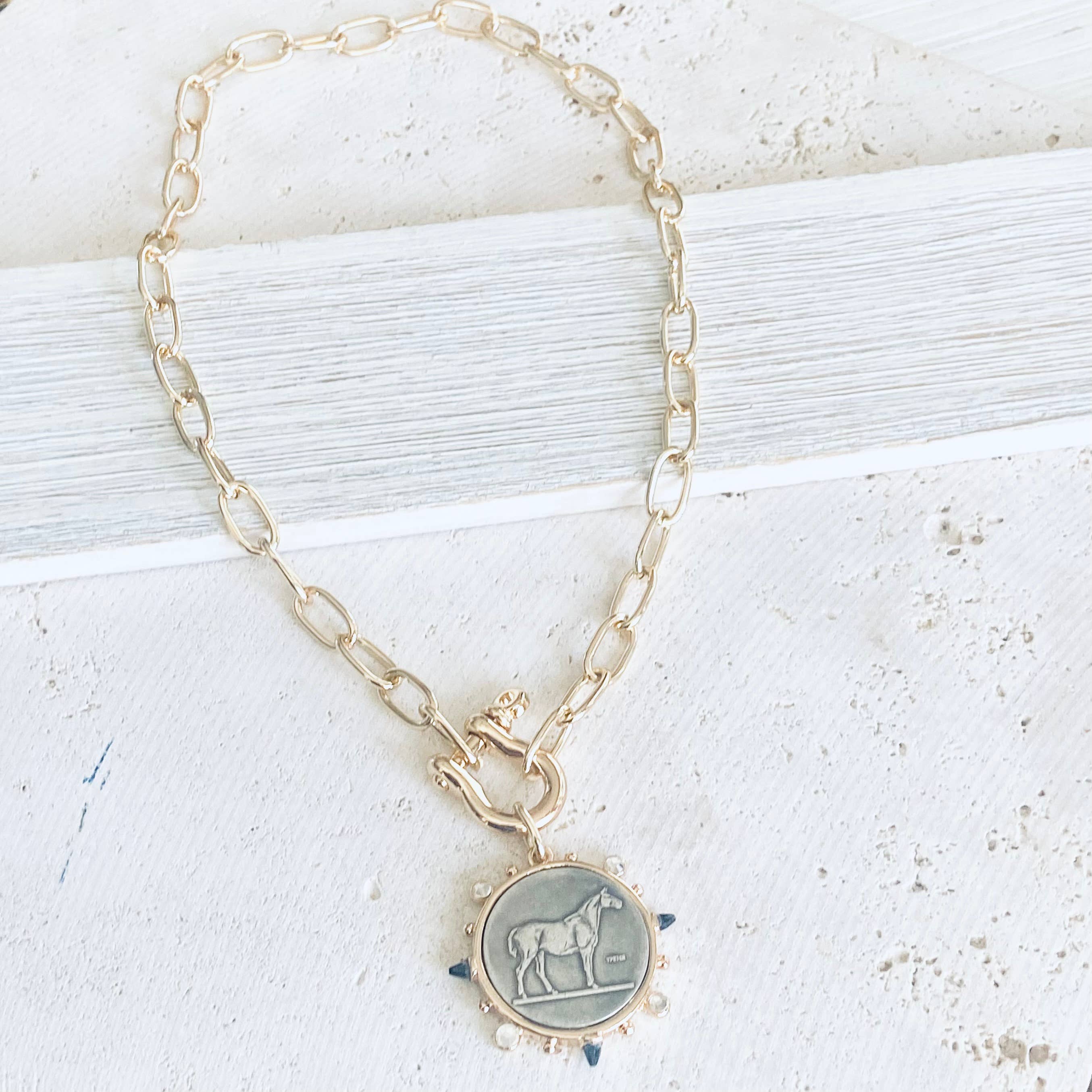 VB&CO Designs Handmade Jewelry - Horse coin shackle necklace Equestrian derby jewelry