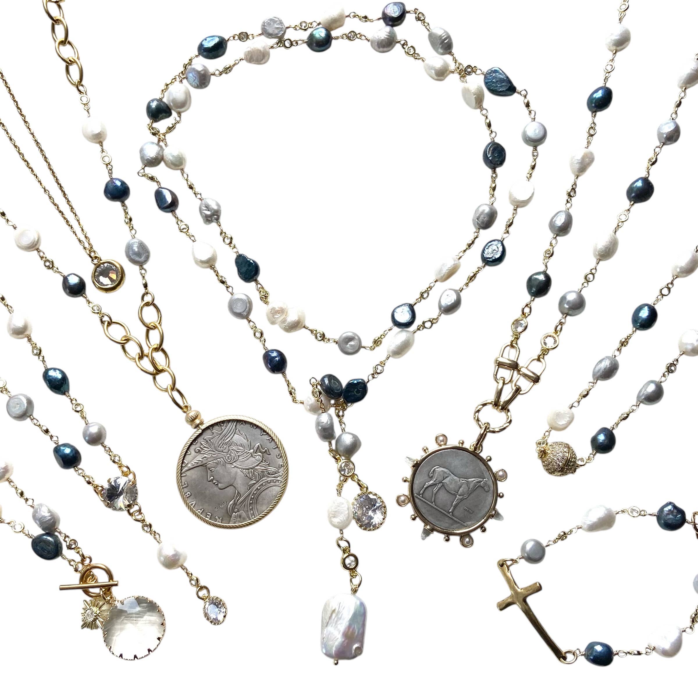 Equestrian Coin Necklace Baroque Denim Pearls