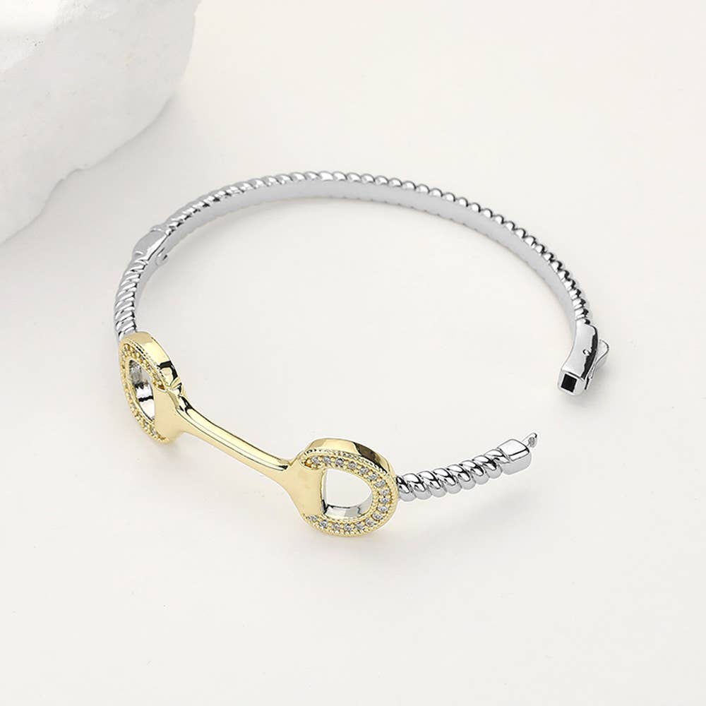 Sensibling Corp. - Two Tone CZ Paved Horsebit Accented Hinged Bangle Bracelet
