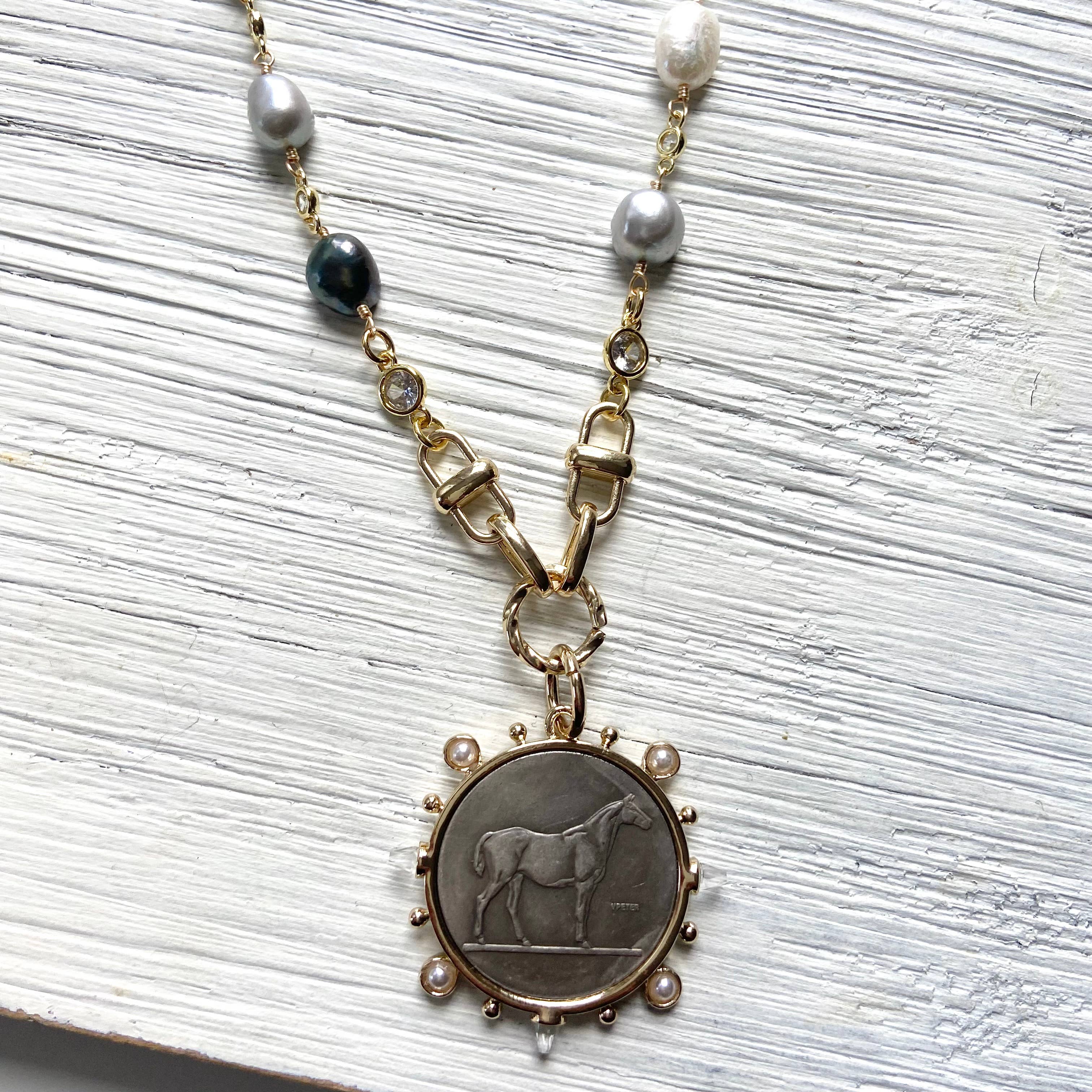 Equestrian Coin Necklace Baroque Denim Pearls