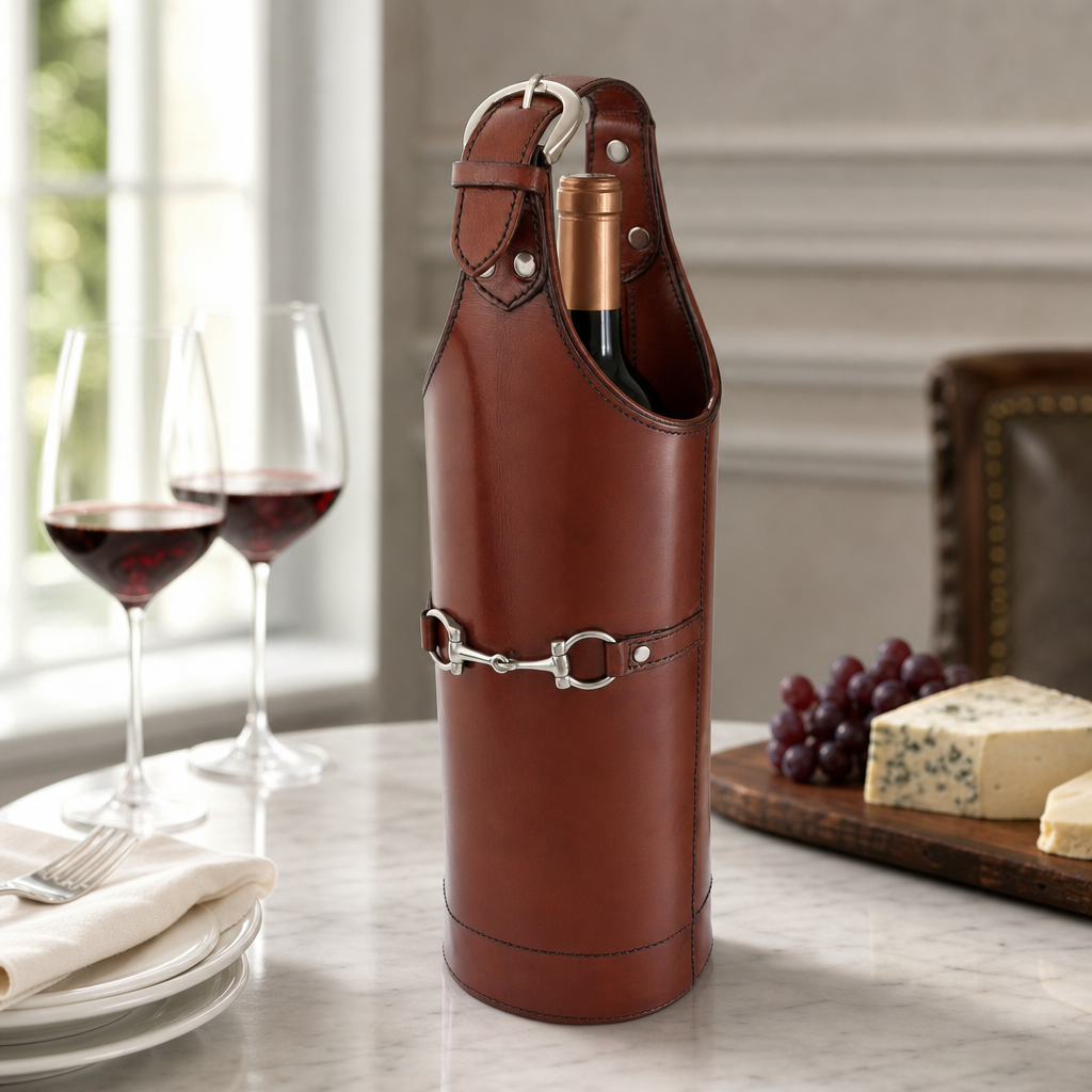 Premium Genuine Leather Equestrian Wine Bottle Carrier Single