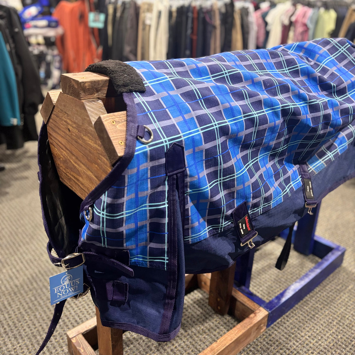 Used 52" Blue Plaid Schneiders Medium Turnout Blanket