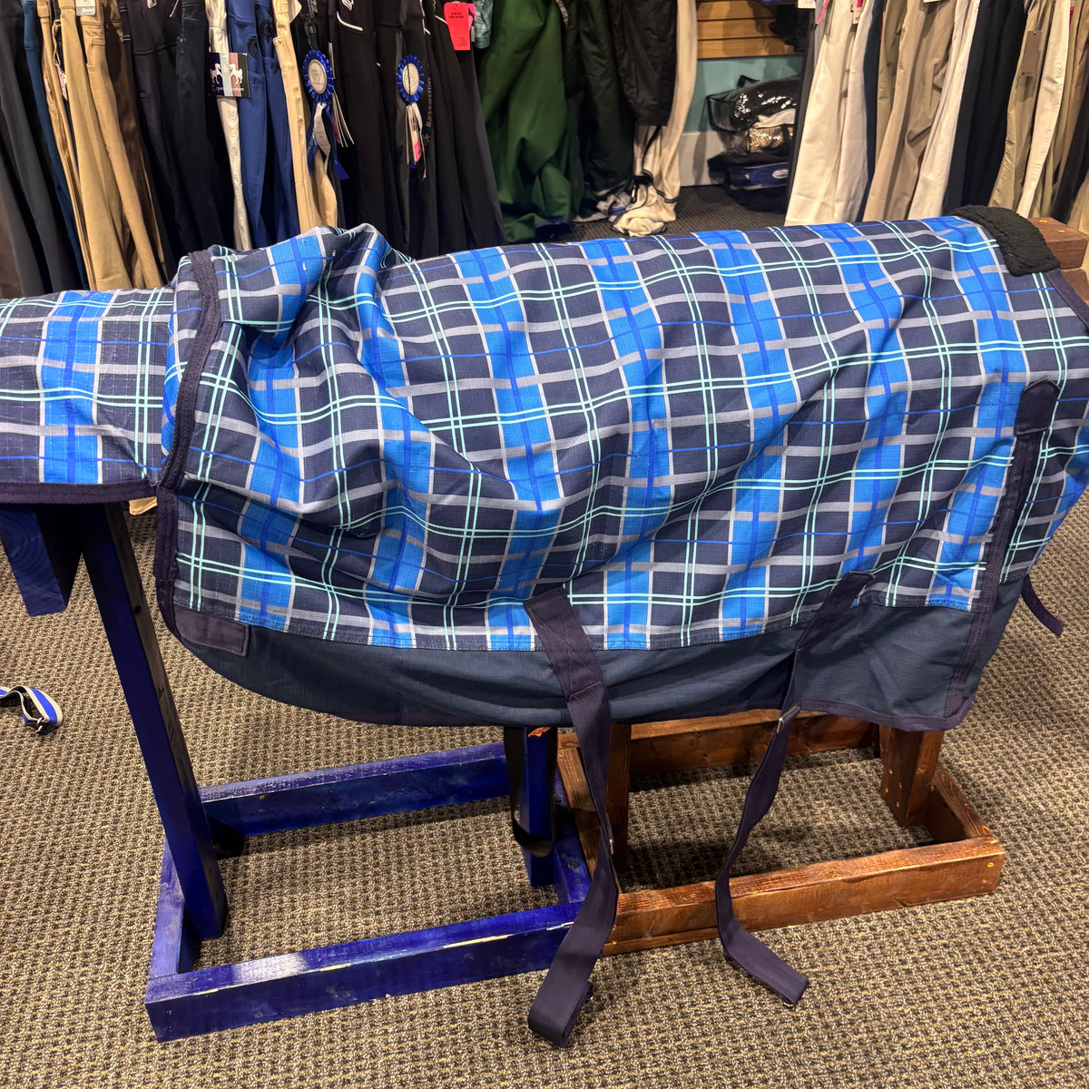 Used 52" Blue Plaid Schneiders Medium Turnout Blanket