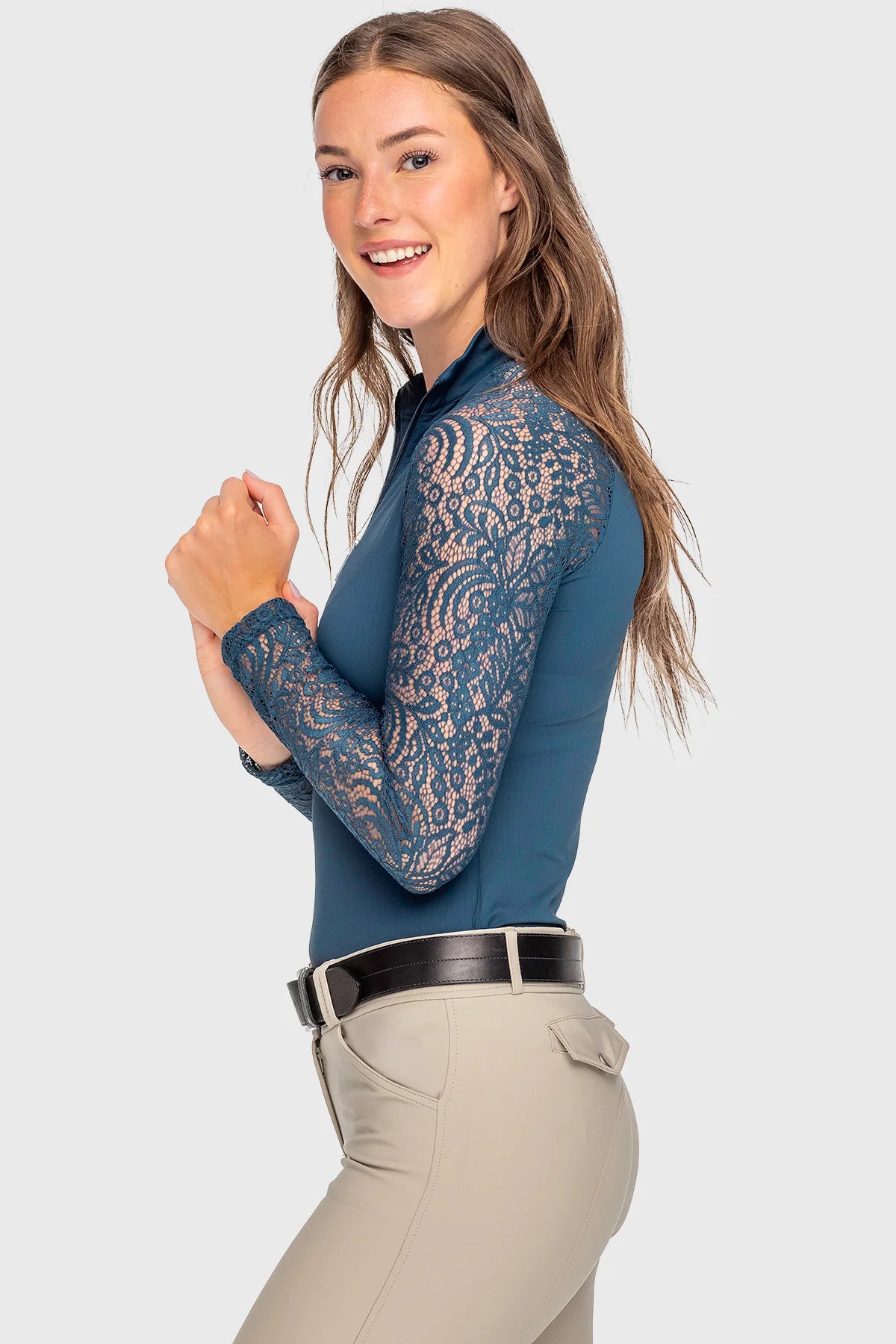 Kastel Long Sleeve Sailor Blue Floral Lace Raglan 1/4 Zip