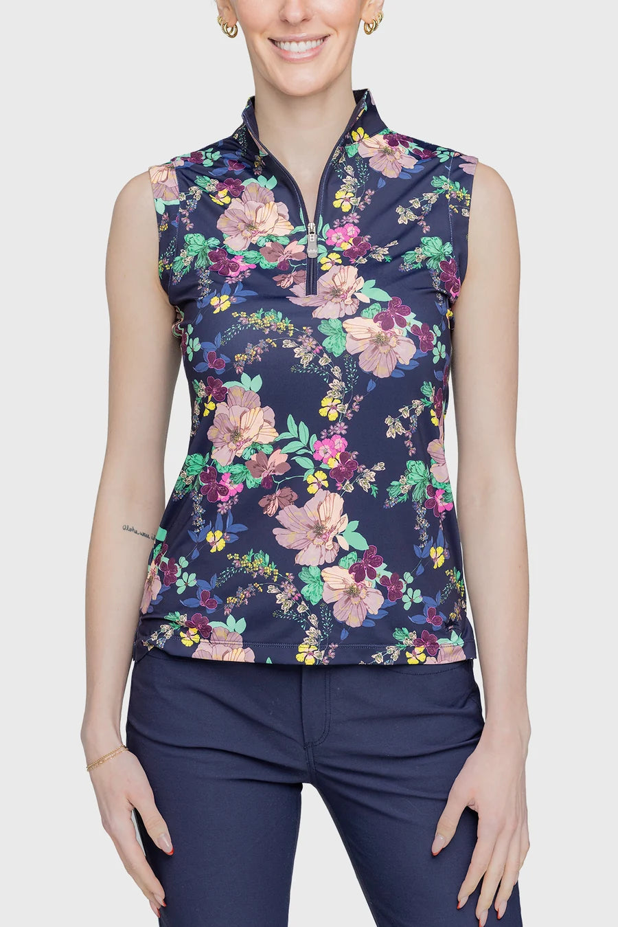 SALE Kastel Sleeveless Tank Ruched Back Navy Lush Garden 1/4 Zip