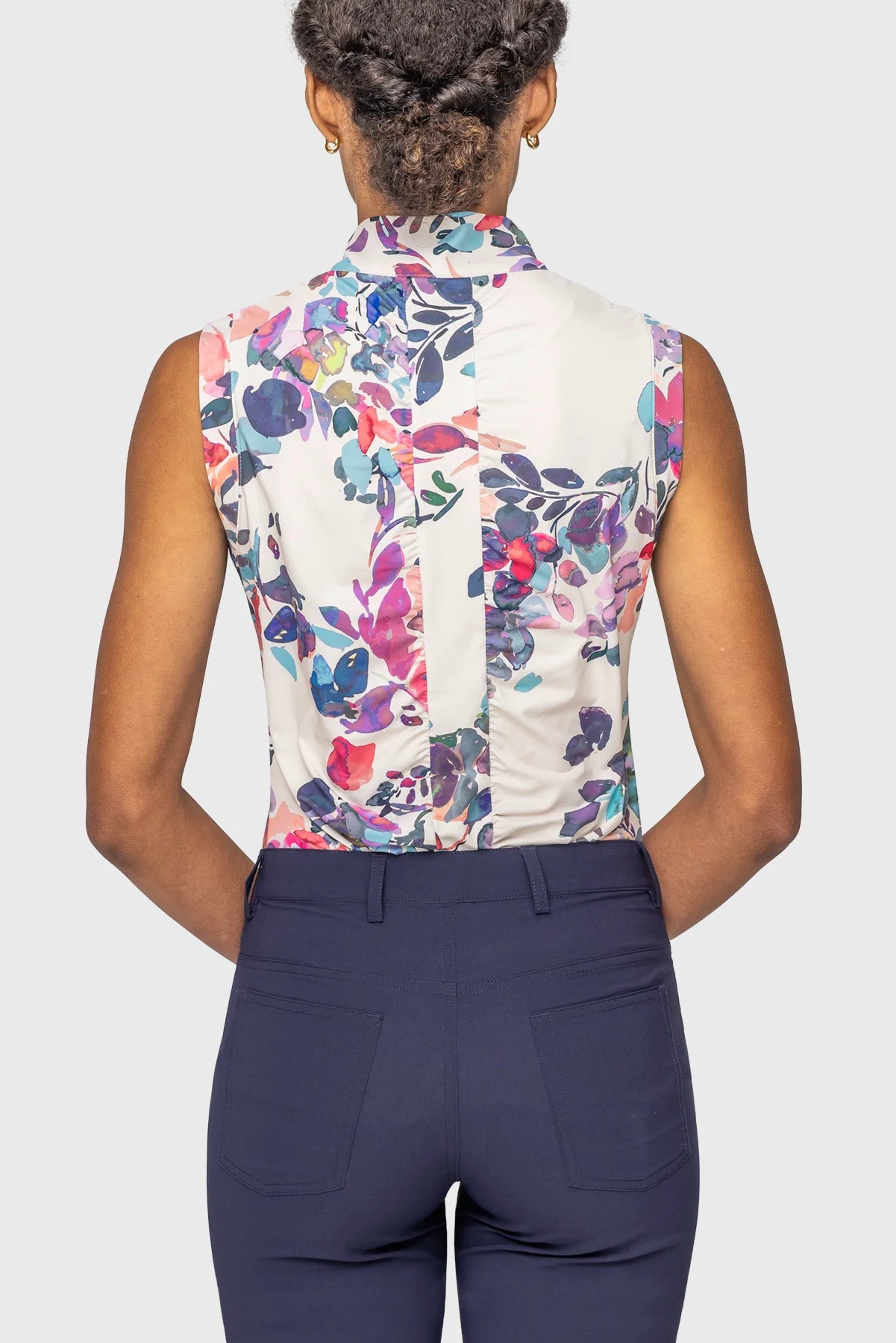 Kastel Amethyst Watercolor Floral Ruched Back 1/4 Zip Tank