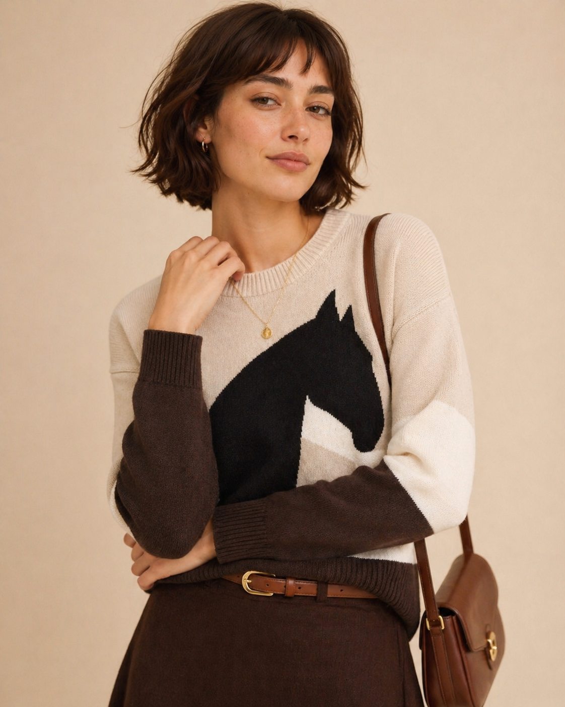Women's Equestrian Horse Graphic Colorblock Knit Sweater
