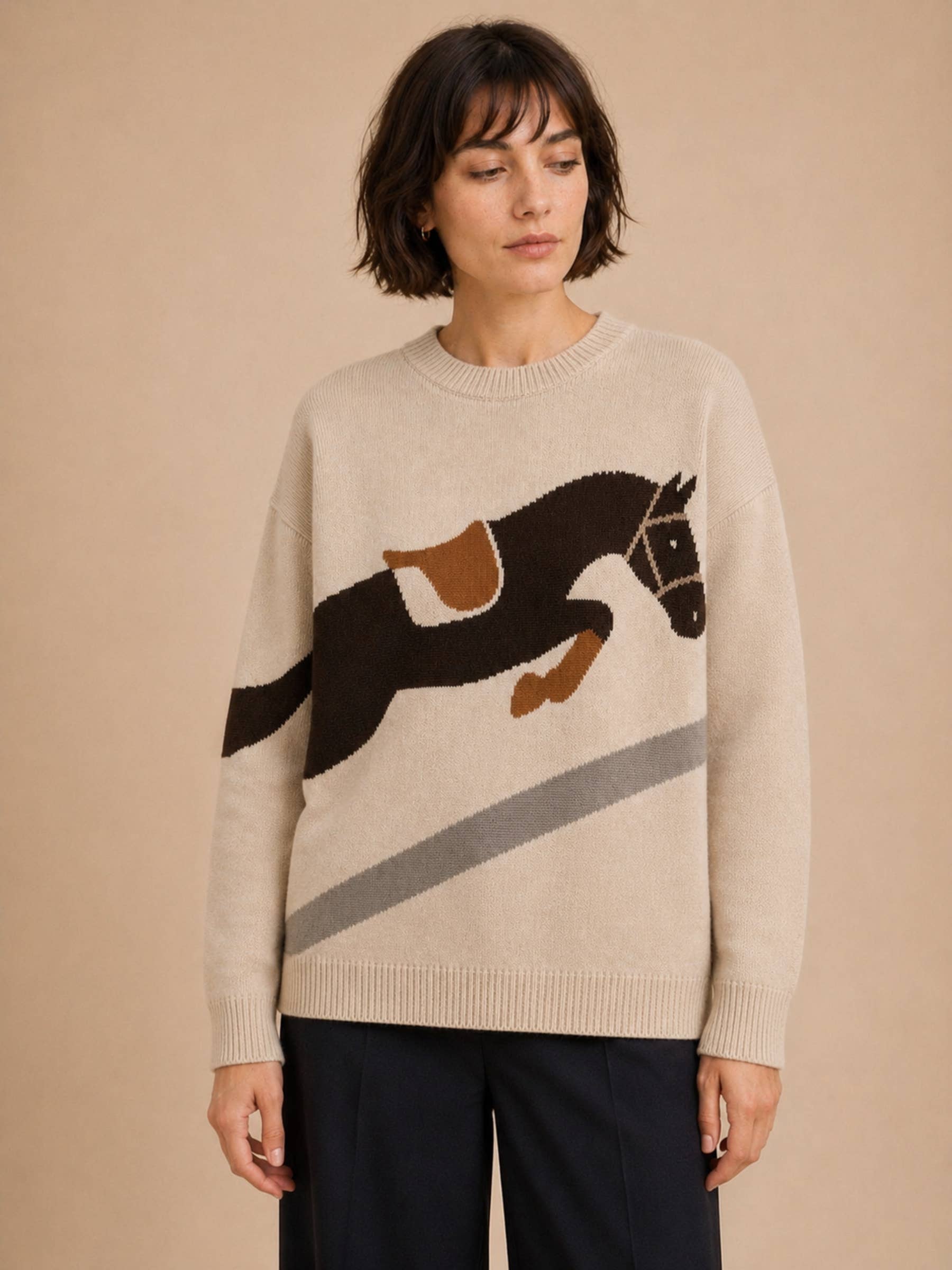 Women's Taupe Show Jumping Horse Graphic Knit Sweater