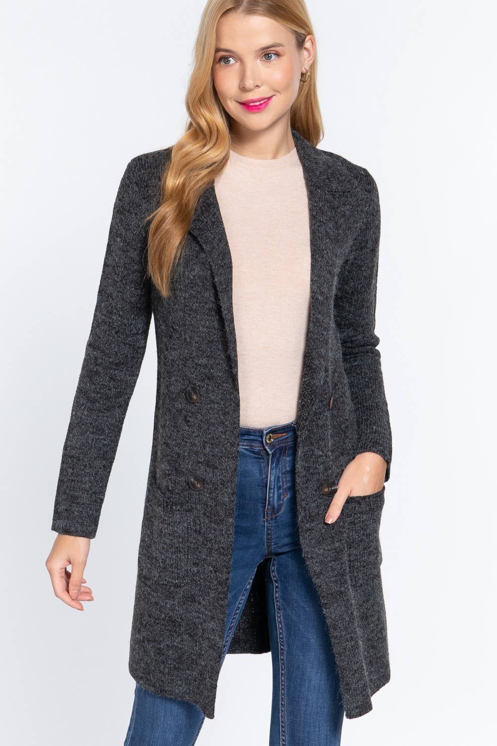 Long Sleeve Notched Collar Sweater Jacket