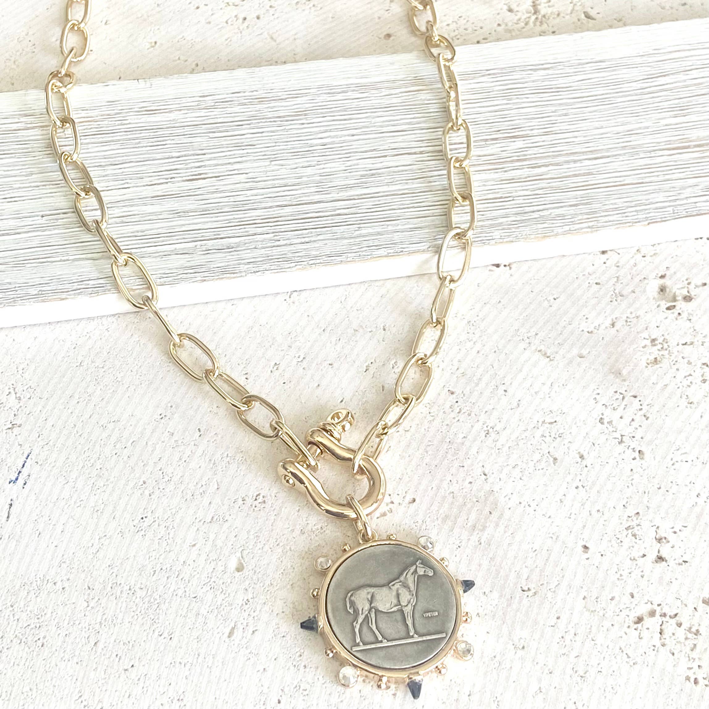 VB&CO Designs Handmade Jewelry - Horse coin shackle necklace Equestrian derby jewelry