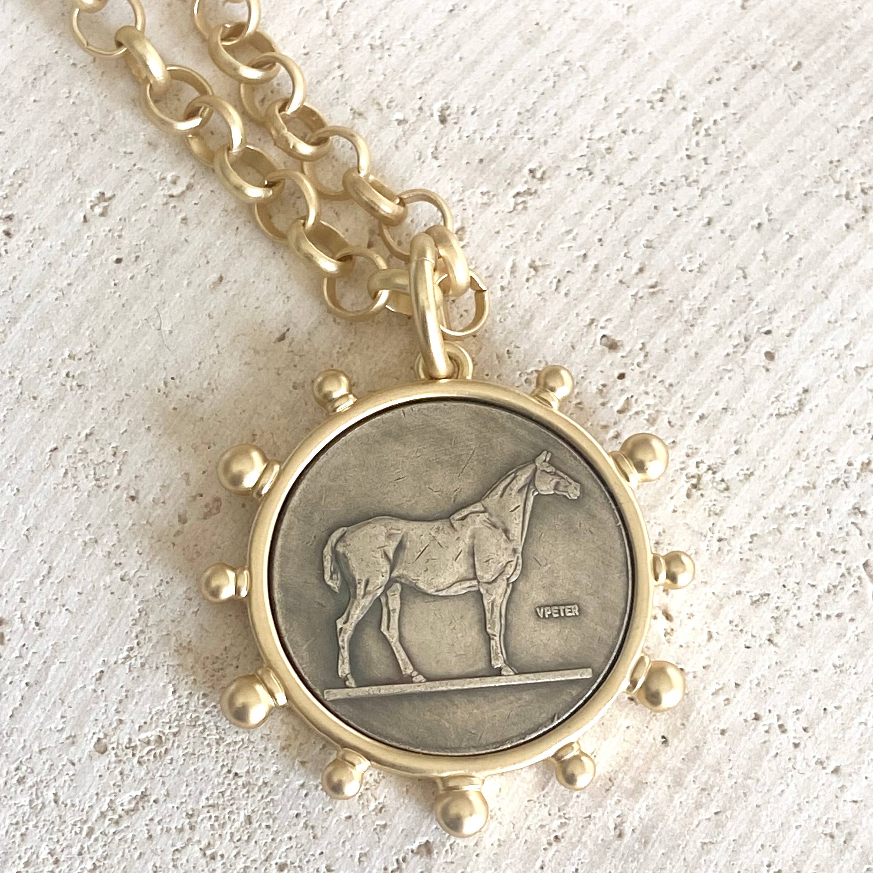VB&CO Designs Handmade Jewelry - Matte gold horse coin jewelry