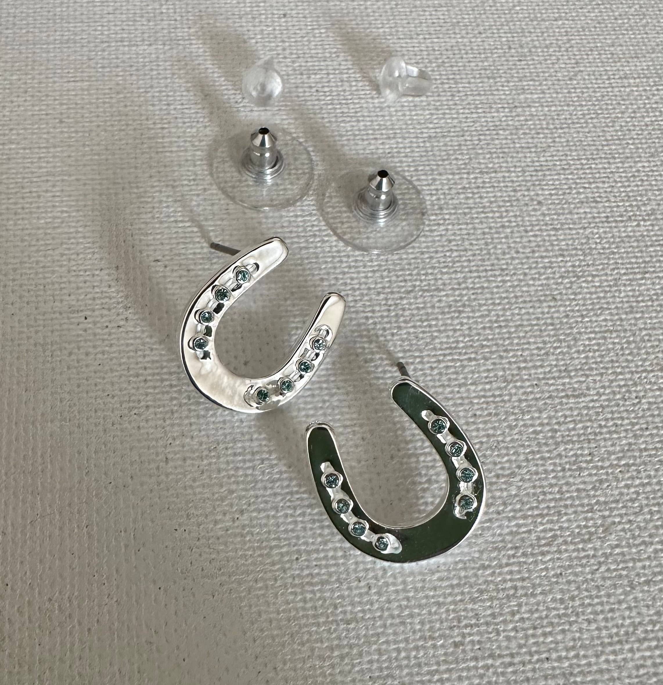 Horseshoe w/Aqua Crystals Earrings with Post