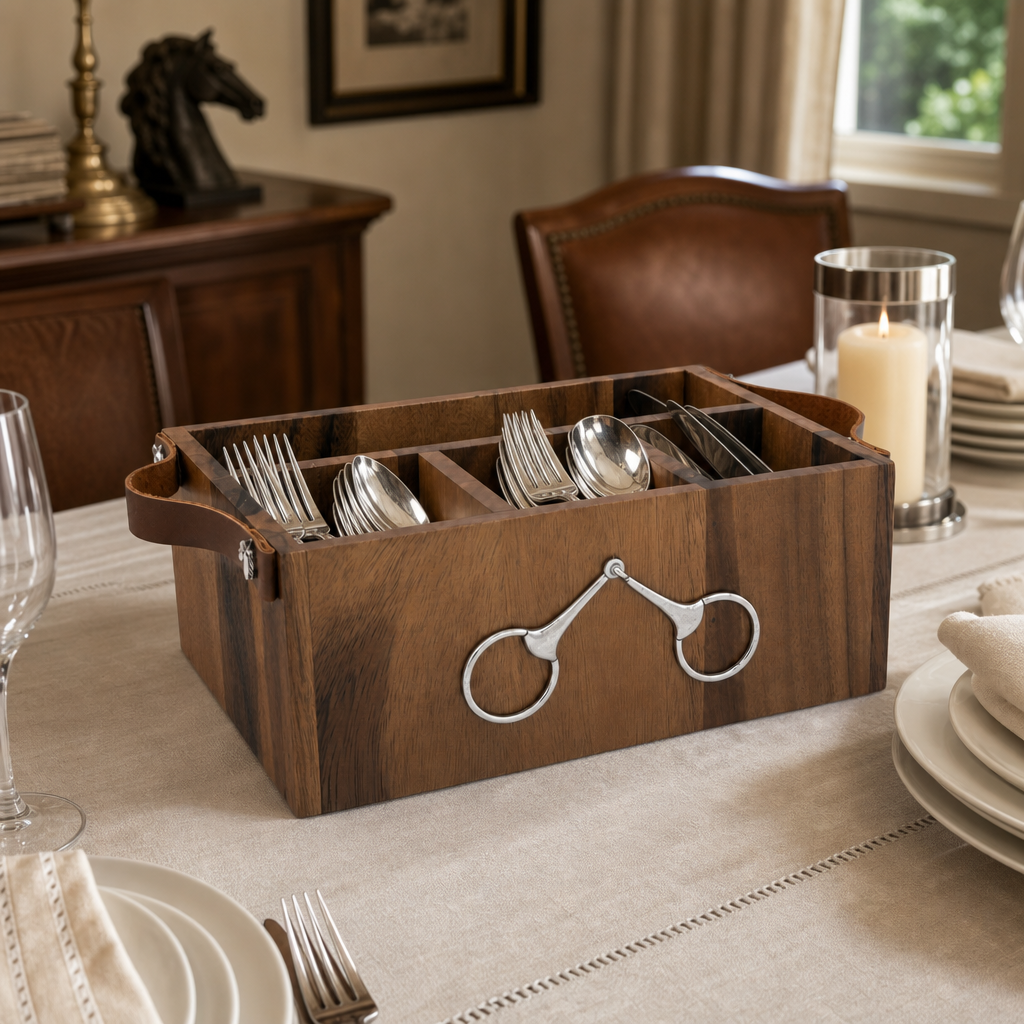 Horse Bits Flatware Caddy with Leather Handles