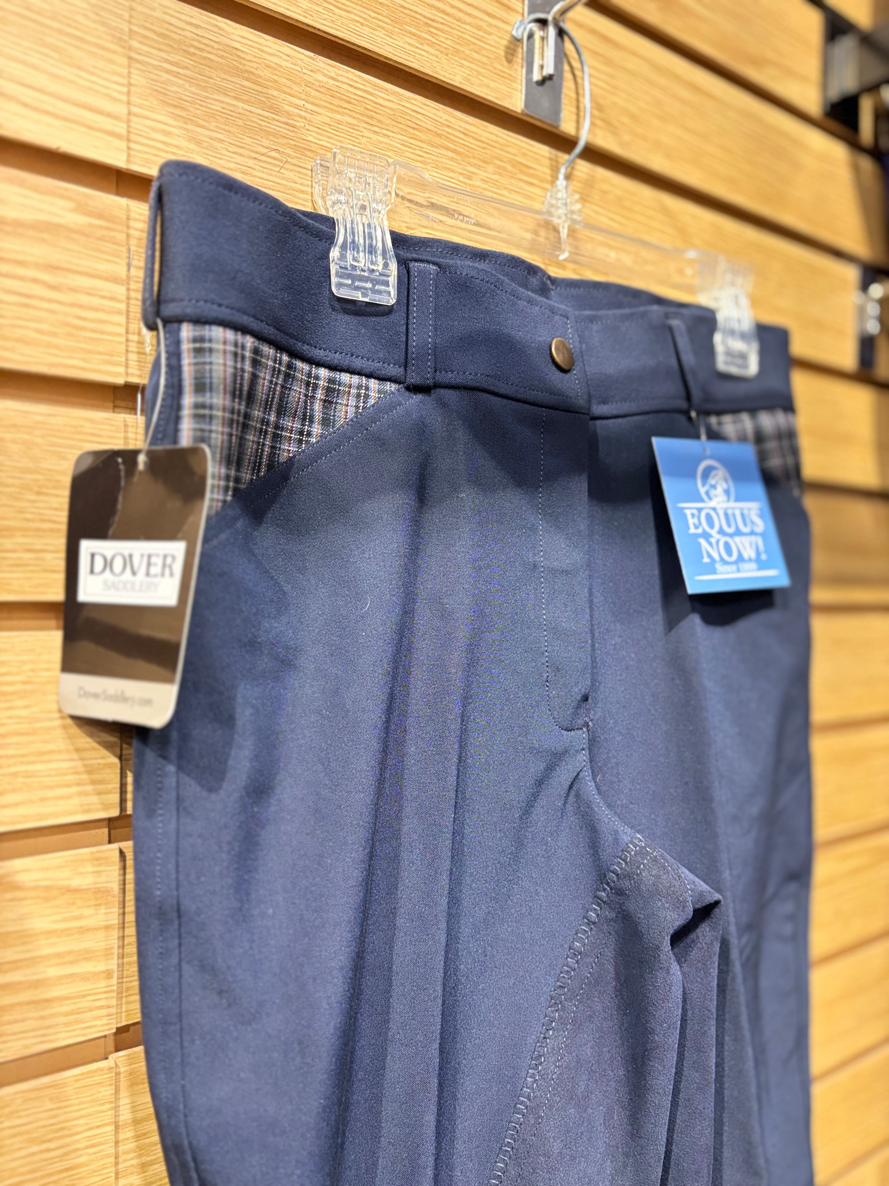 Used 30 Navy Dover Full Seat Breeches Plaid Pockets