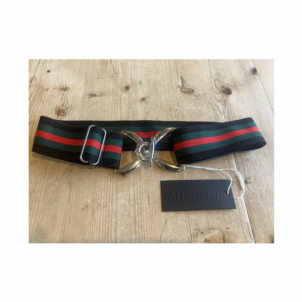 Anademi Silver Stirrup Stretch Belt - Black/Green/Red