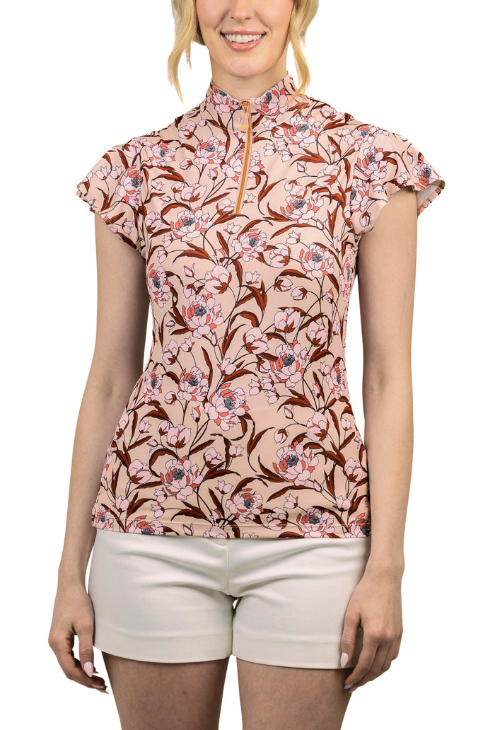 Kastel Denmark Flutter Sleeve Top - Beige Peonies