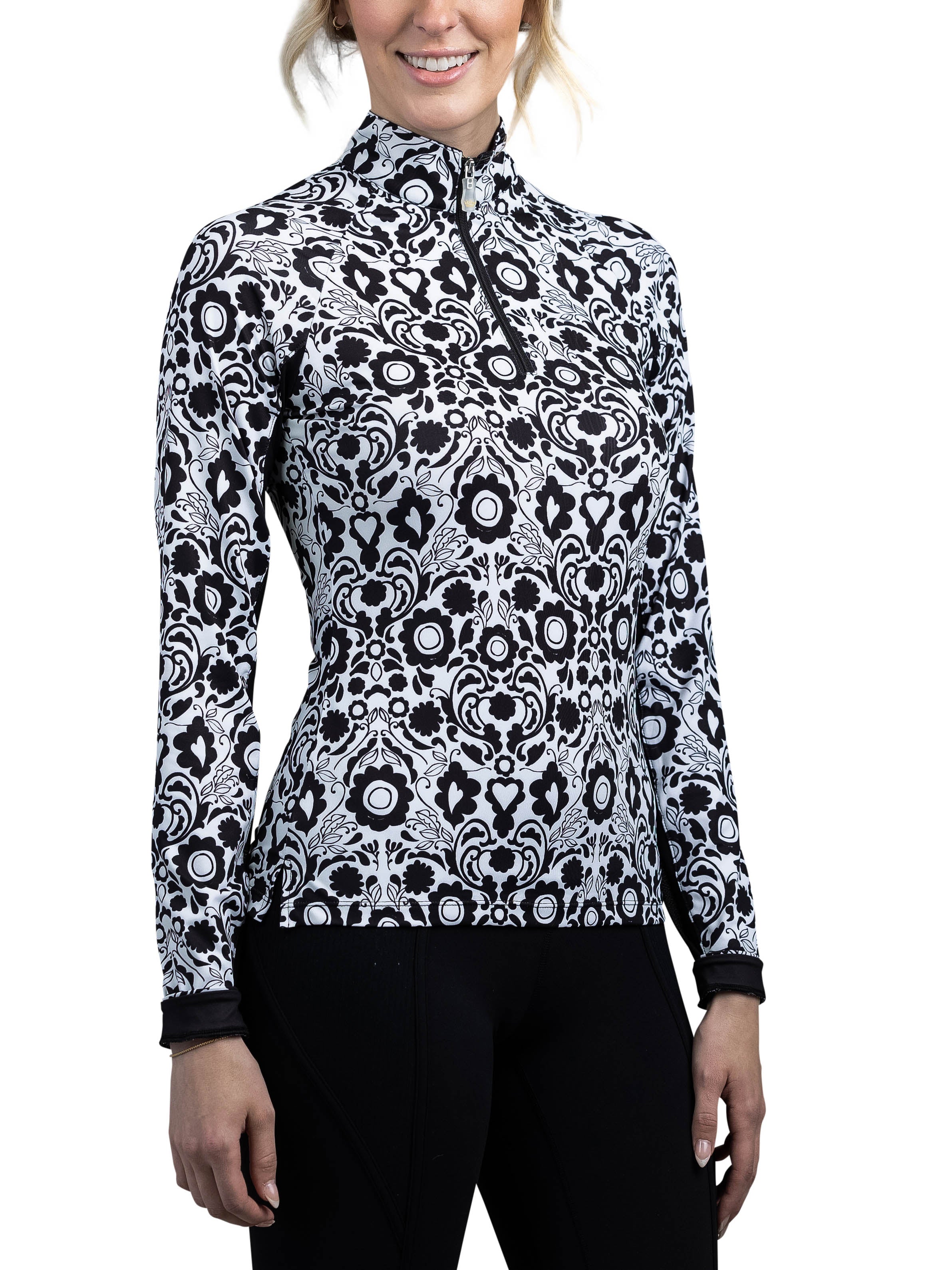 Kastel Denmark Long Sleeve 1/4 Zip Shirt - Black & White Floral