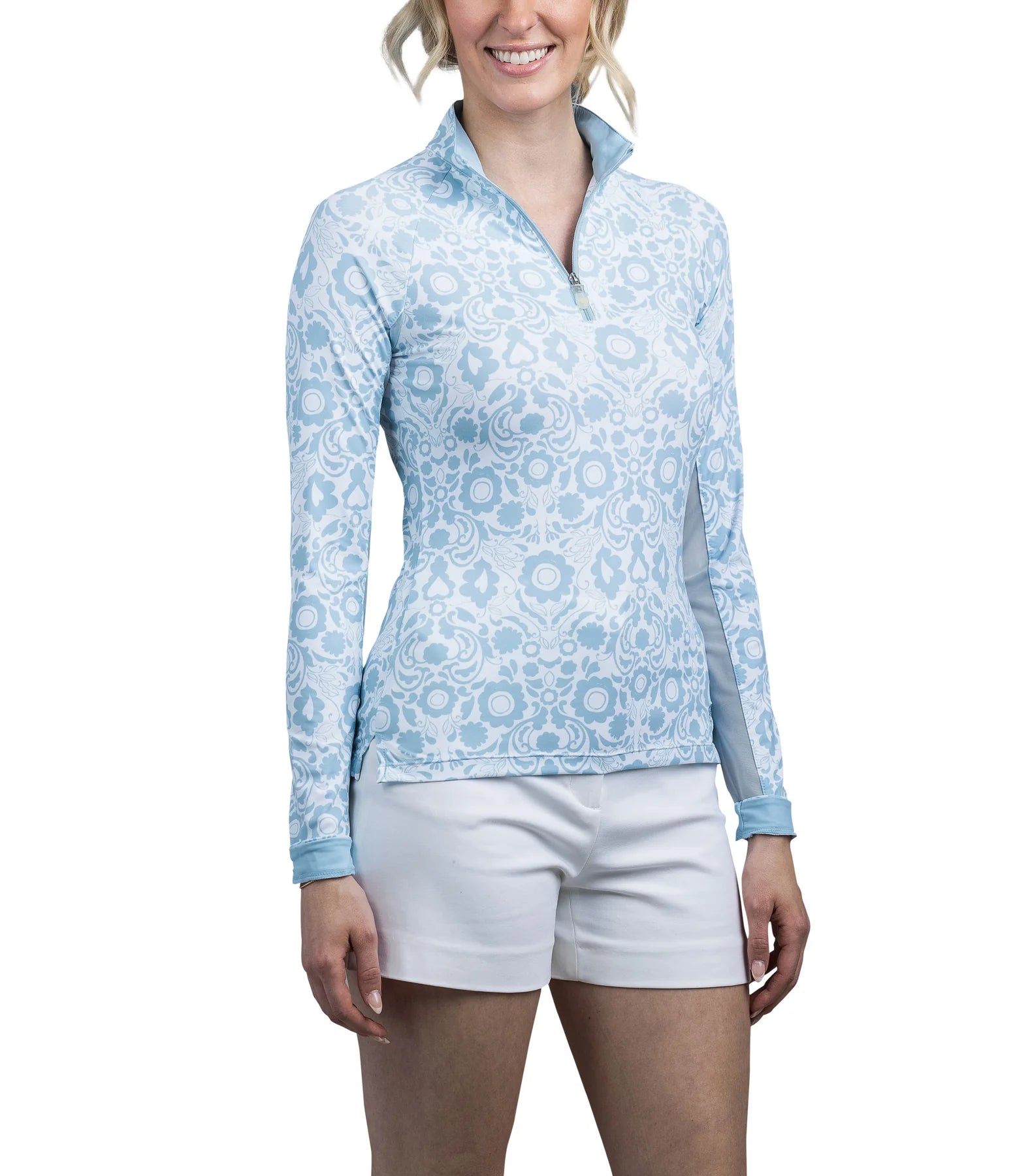 Kastel Denmark Long Sleeve 1/4 Zip Shirt - Light Blue & White Floral