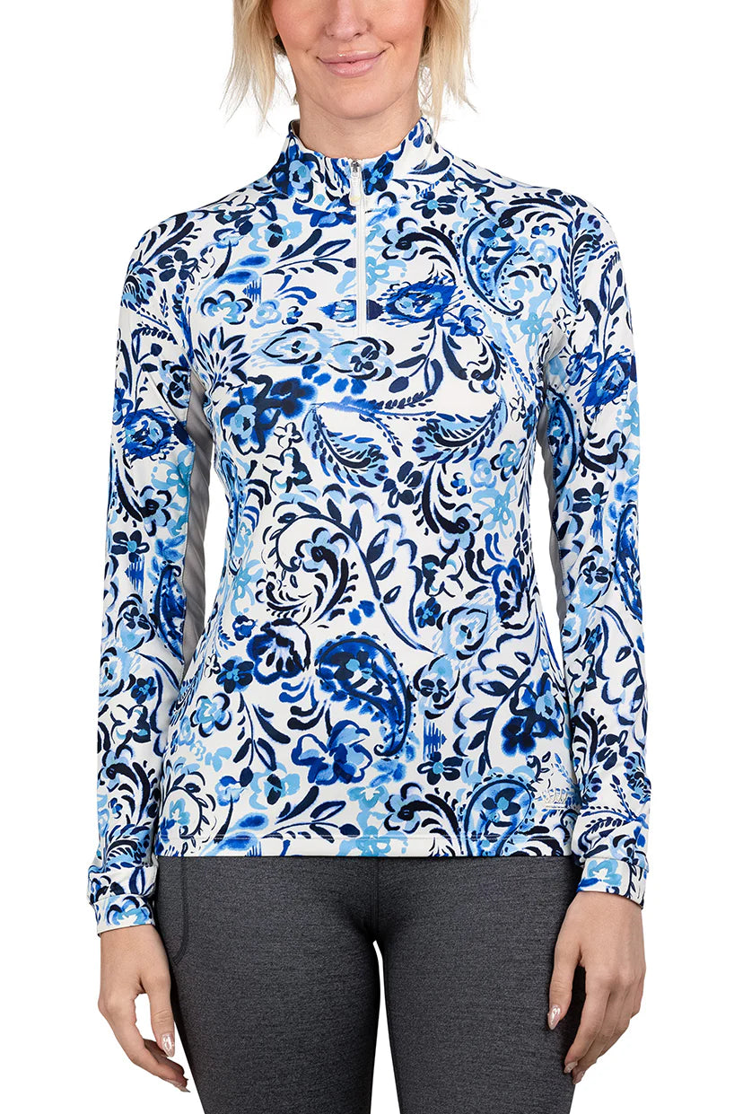 Kastel Denmark Long Sleeve 1/4 Zip Shirt - Navy Ikat