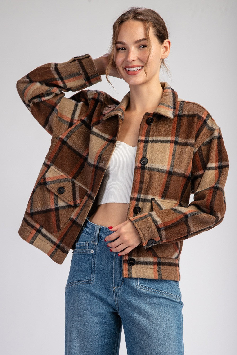 Plaid Cropped Shacket - Brown