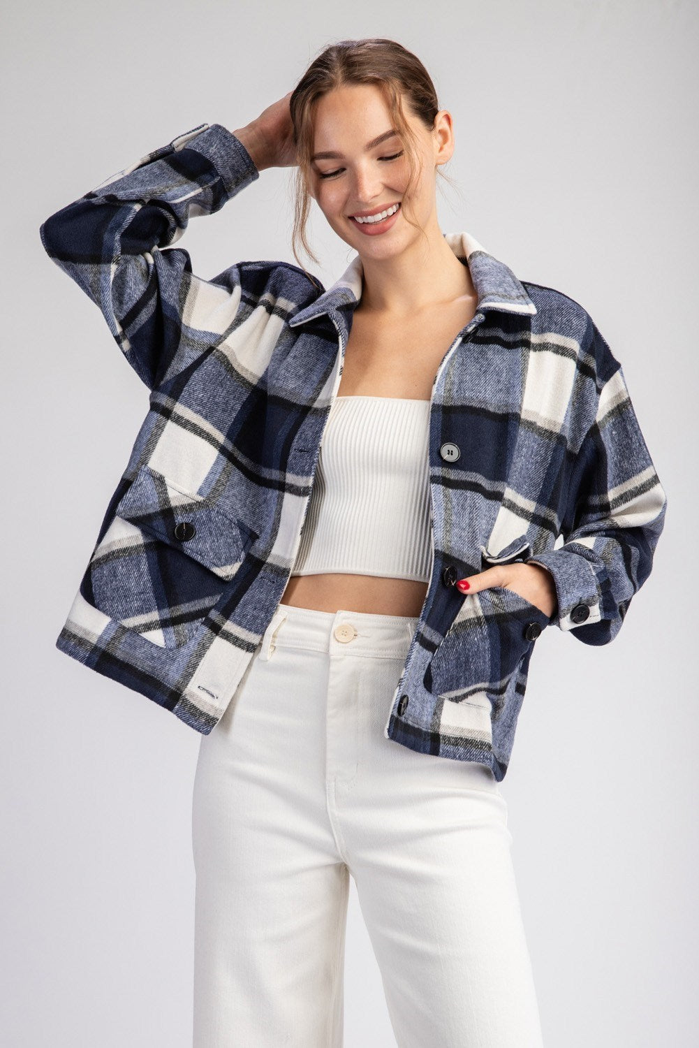 Plaid Cropped Shacket - Navy