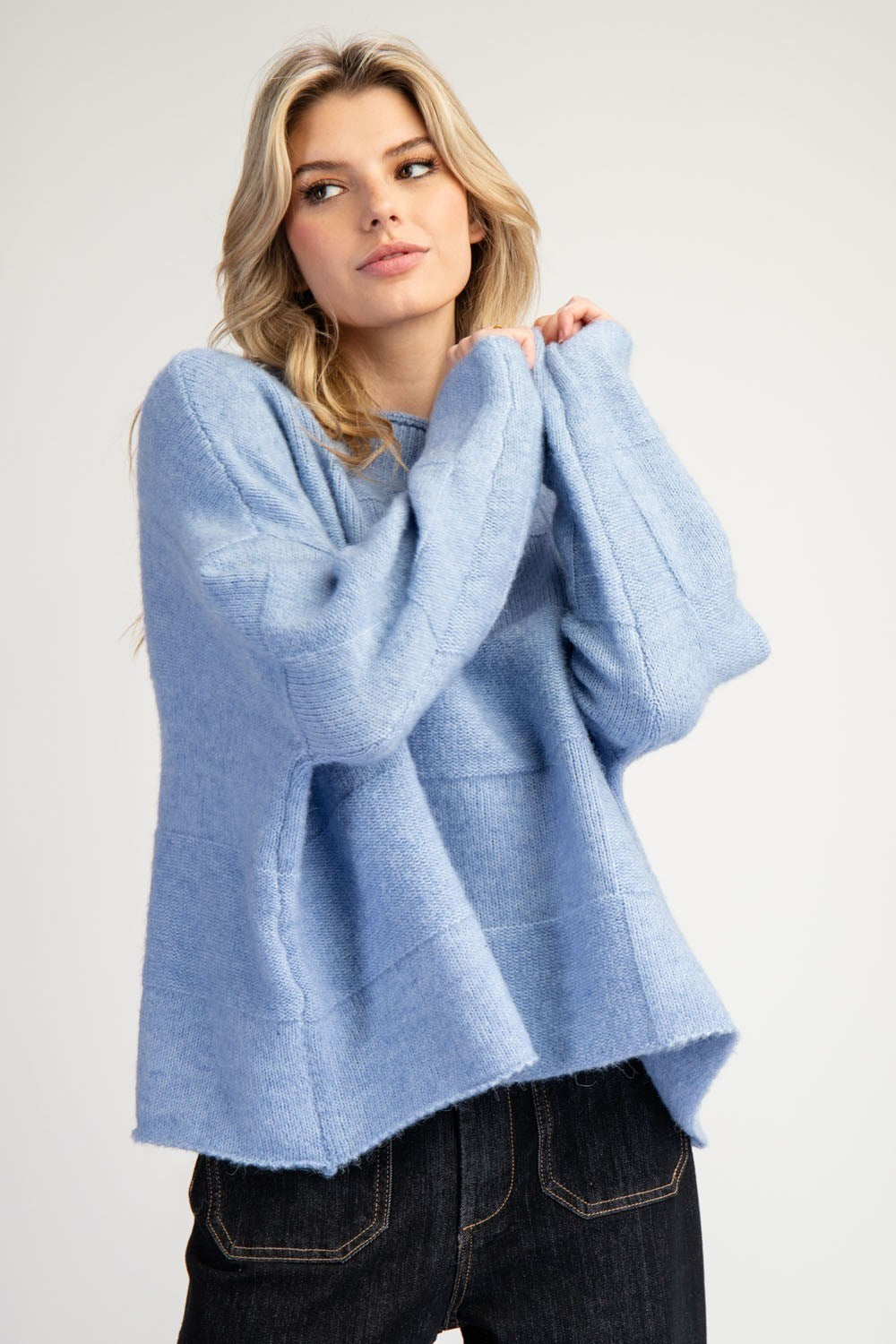 Checker Mock Neck Sweater Top - Denim