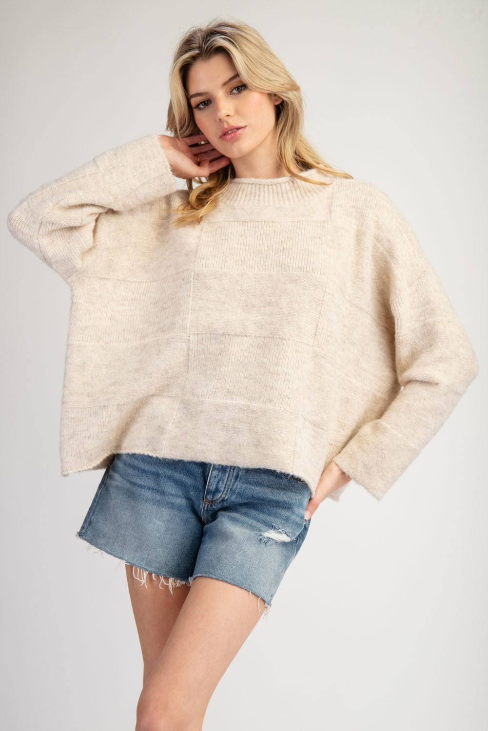 Checker Mock Neck Sweater Top - Oatmeal