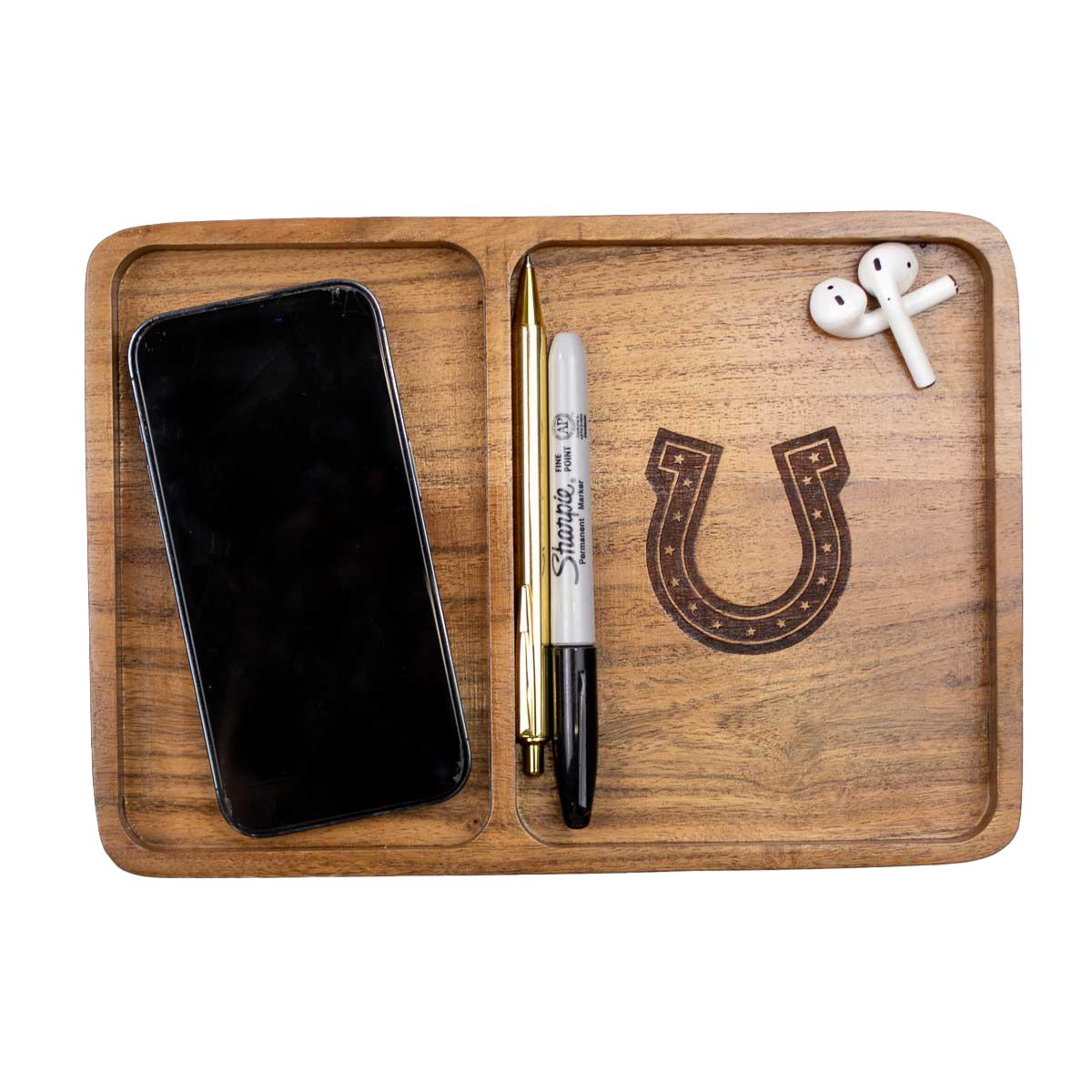 Horseshoe Etched Wood Valet Tray
