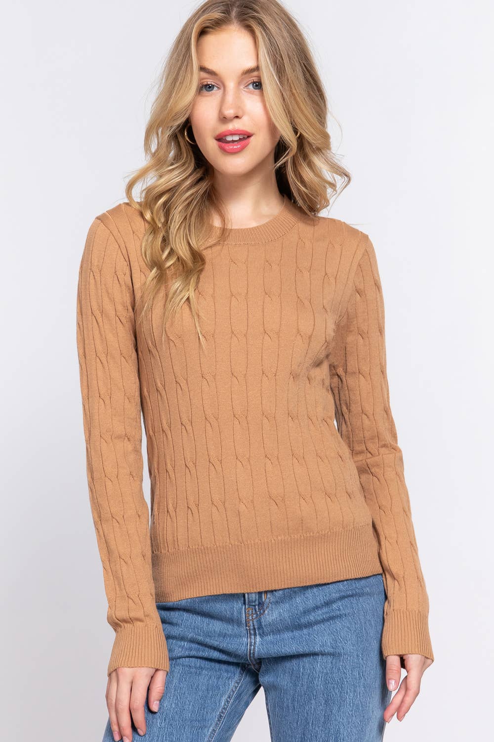 Long Sleeve Round Neck Cable Sweater