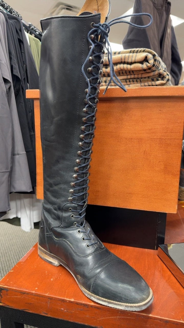 Used Maurizia Premier Equine Ladies Lace Front Tall Leather Riding Boot 39 Euro US 8-8.5 Navy