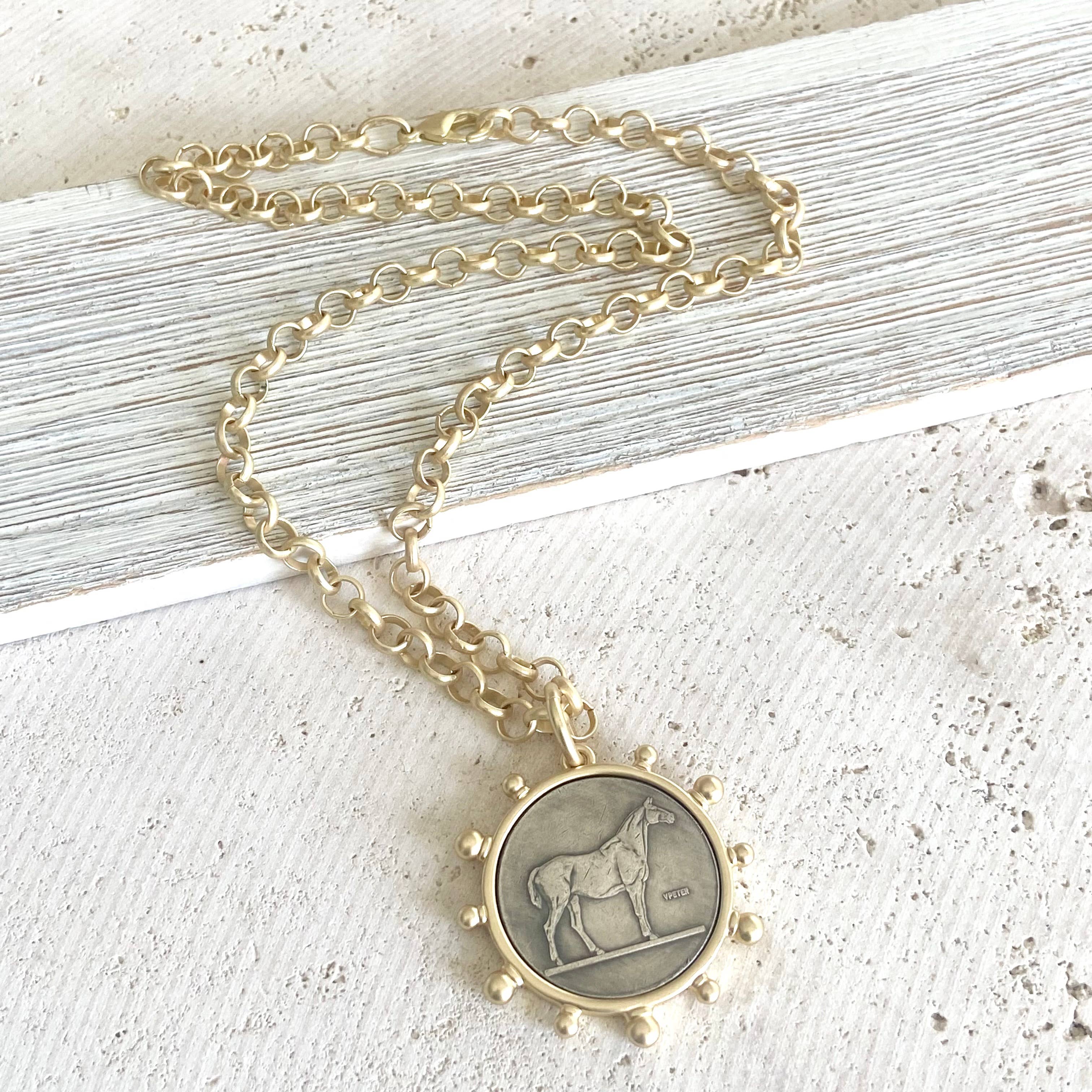 VB&CO Designs Handmade Jewelry - Matte gold horse coin jewelry 