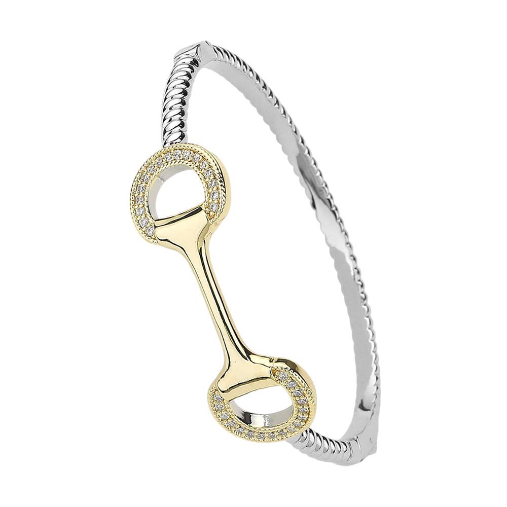 Sensibling Corp. - Two Tone CZ Paved Horsebit Accented Hinged Bangle Bracelet