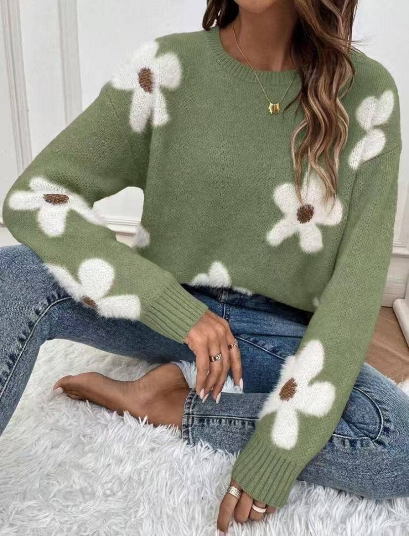 Fuzzy Flower Knit Sweater
