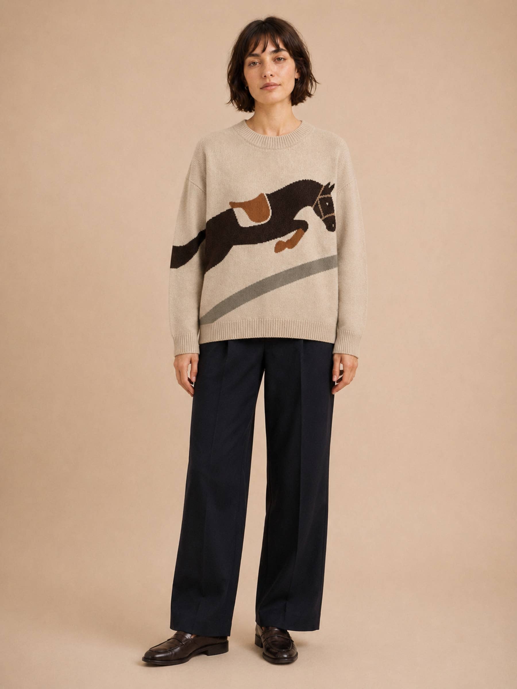 Women's Taupe Show Jumping Horse Graphic Knit Sweater