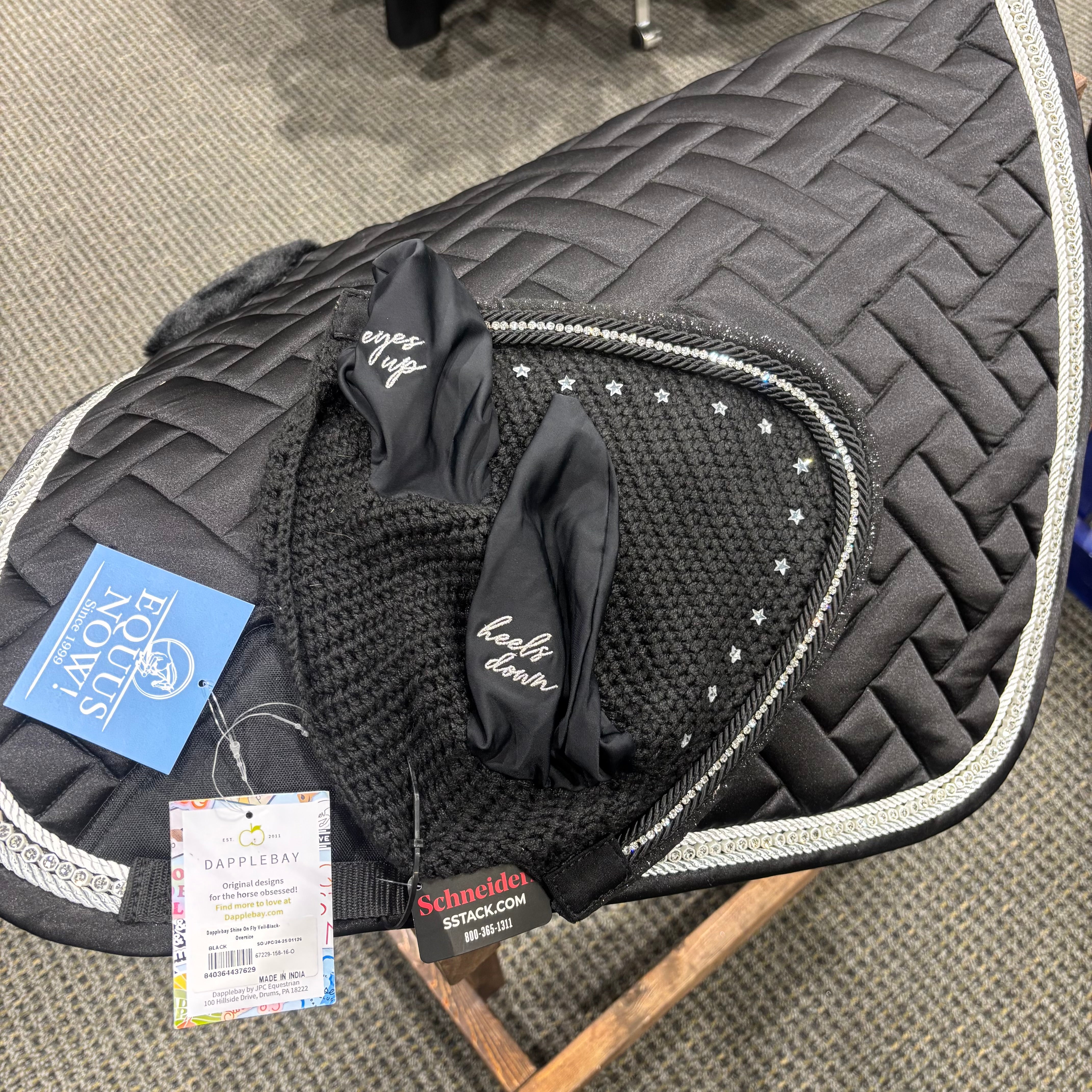 Used Black Dressage Pad with Rhinestones and Dapple Bay Bonnet SET