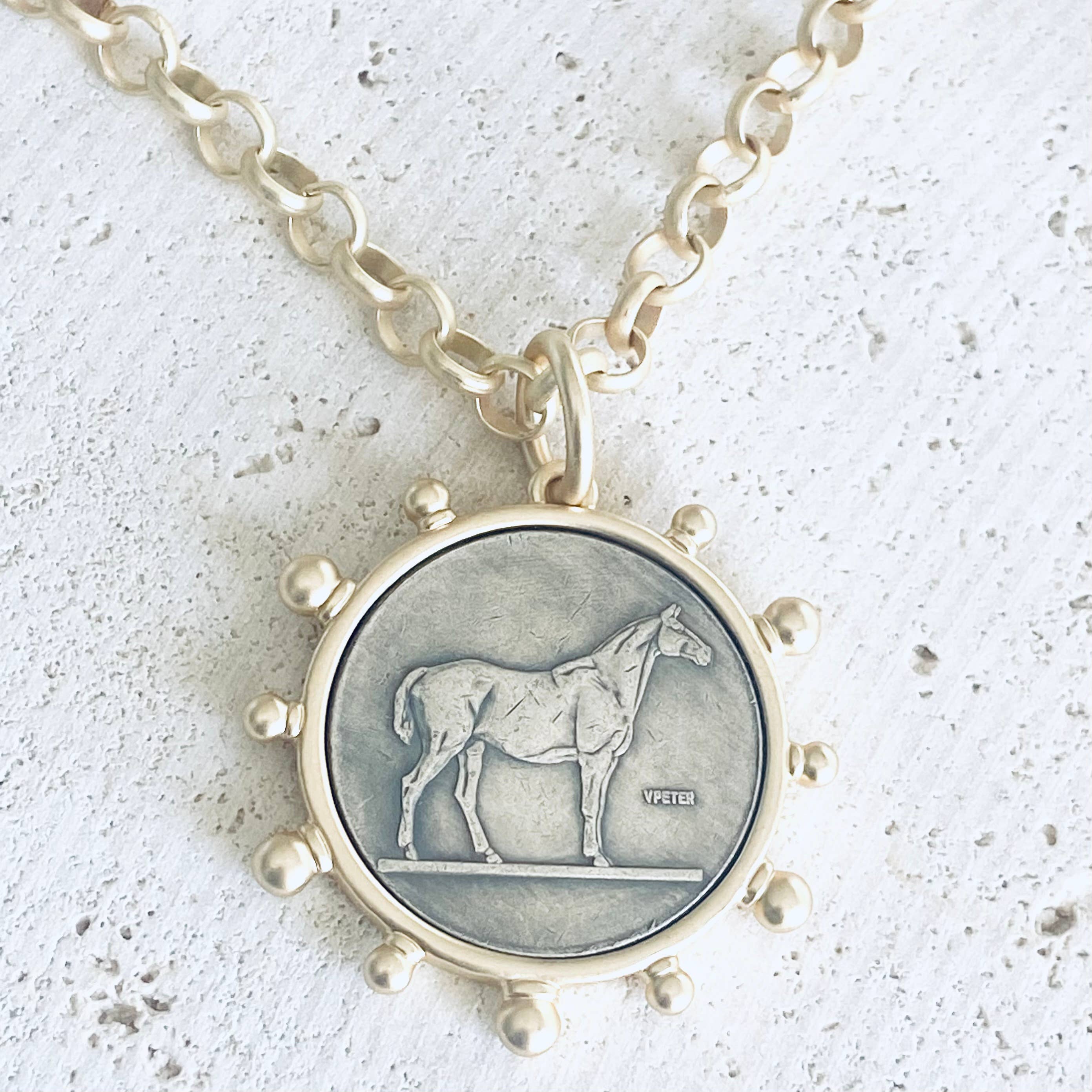 VB&CO Designs Handmade Jewelry - Matte gold horse coin jewelry 