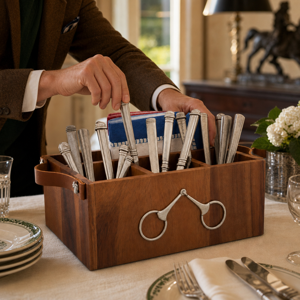 Horse Bits Flatware Caddy with Leather Handles