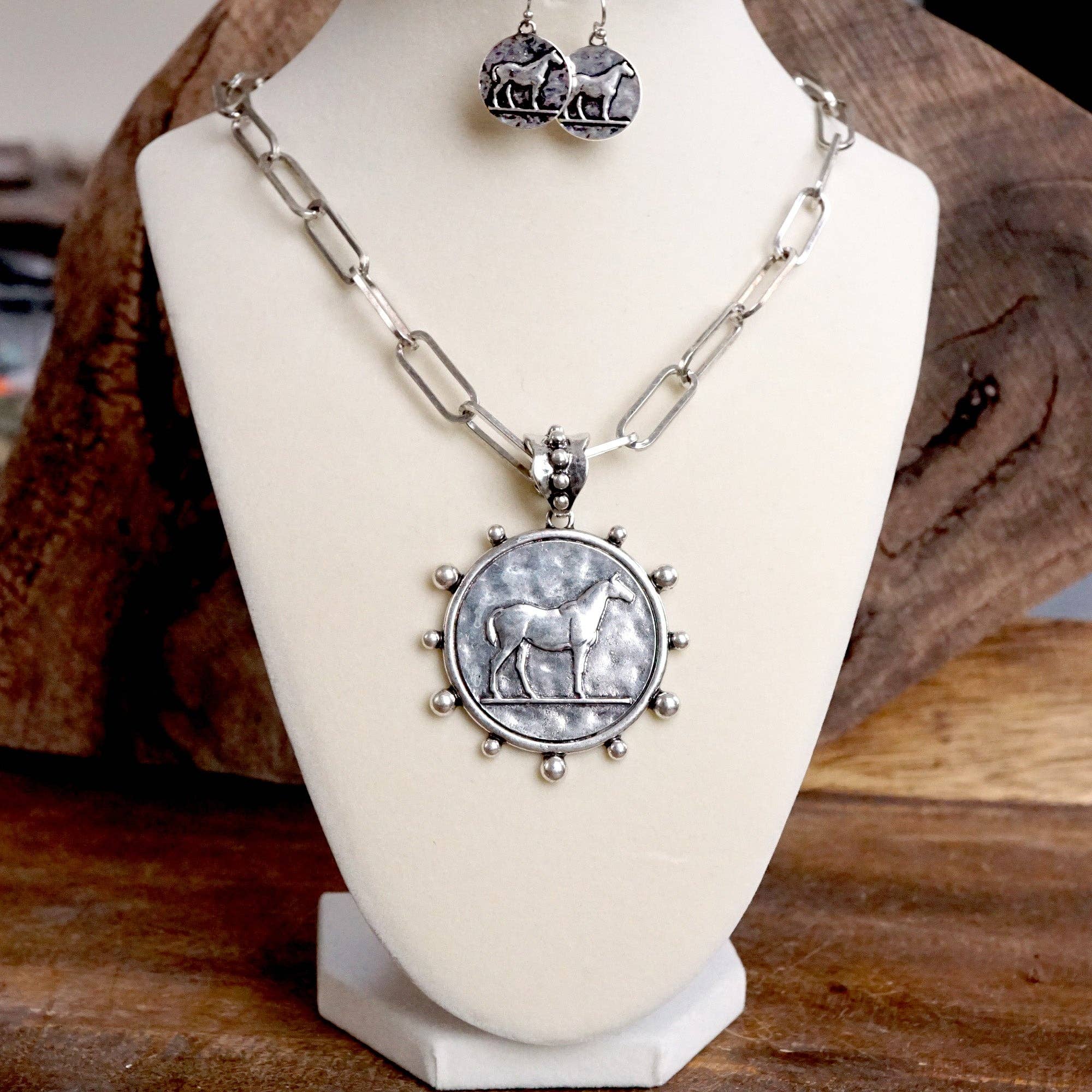 Equestrian Western Horse Coin Statement Necklace Set – Worn Gold Tone