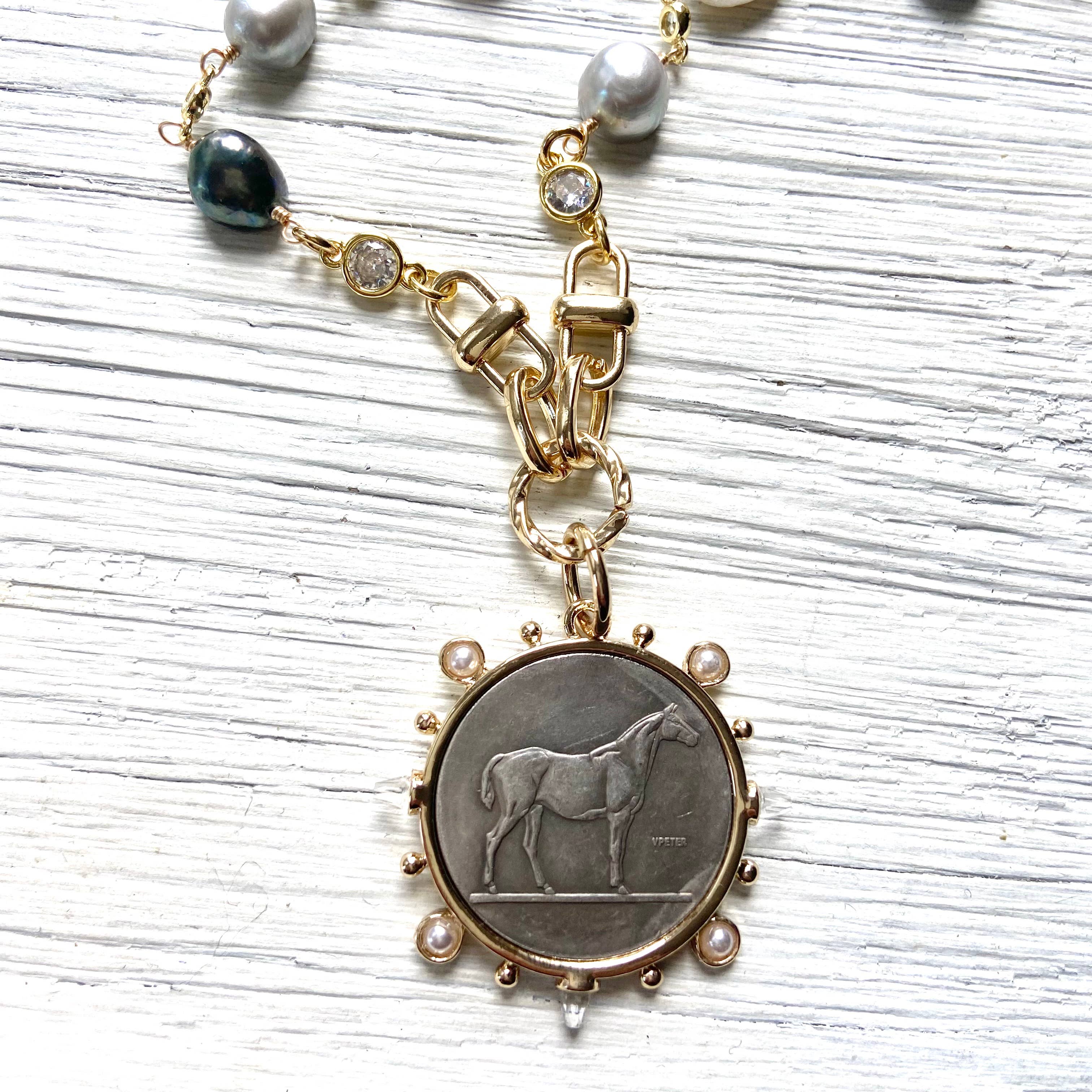 Equestrian Coin Necklace Baroque Denim Pearls