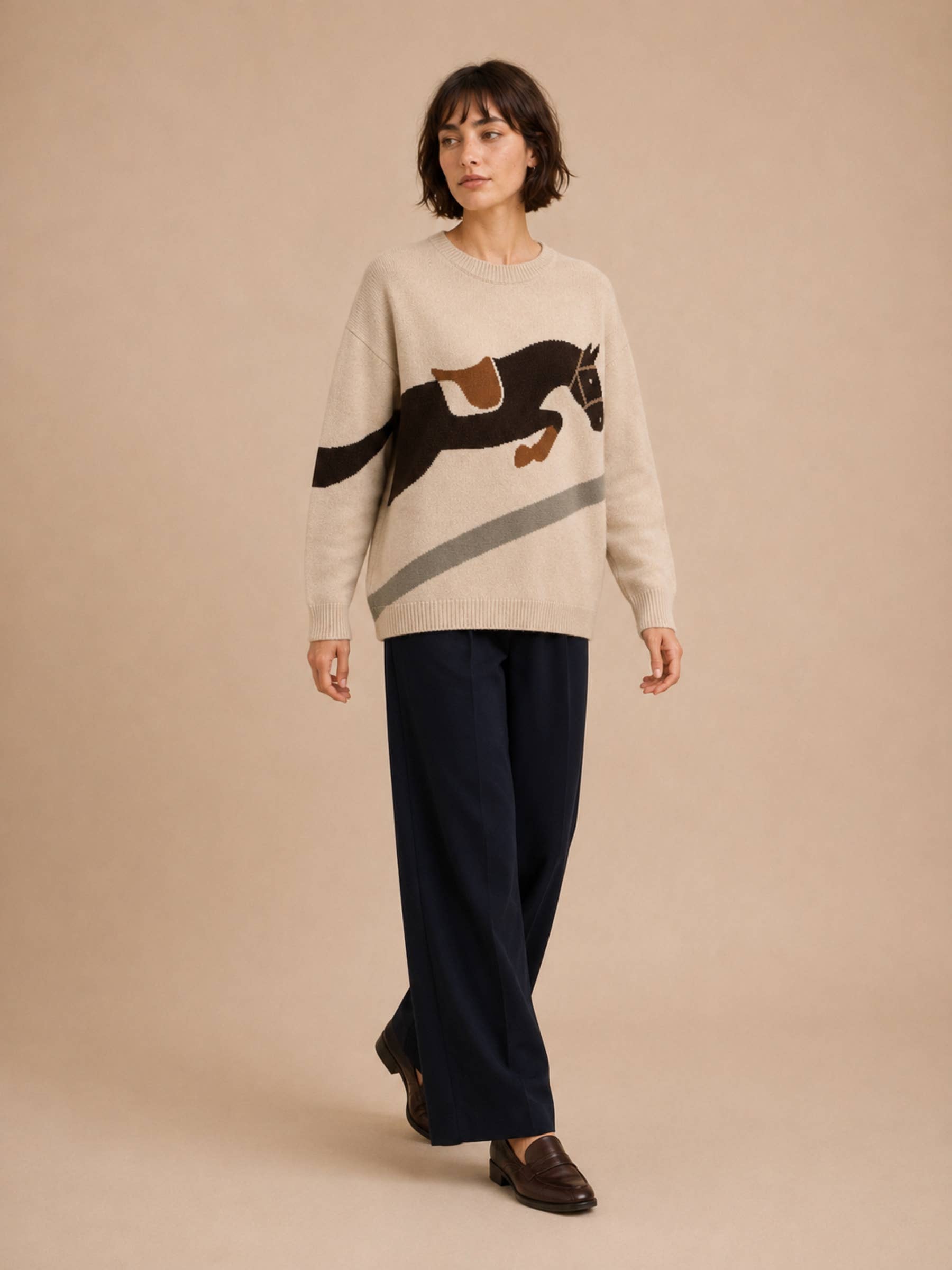 Women's Taupe Show Jumping Horse Graphic Knit Sweater