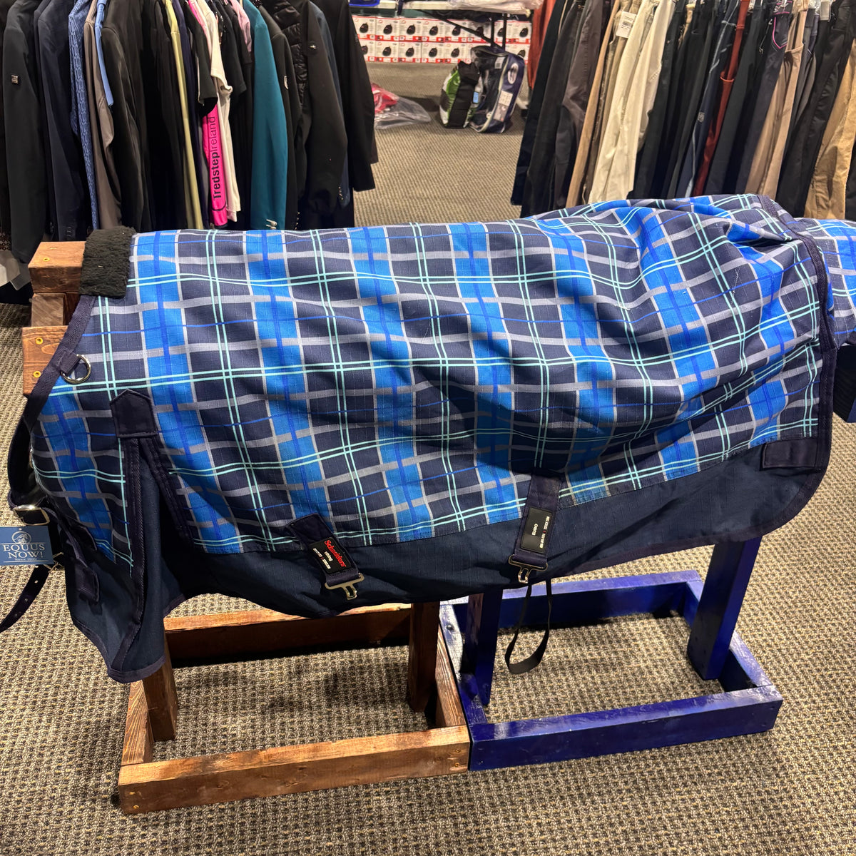 Used 52" Blue Plaid Schneiders Medium Turnout Blanket