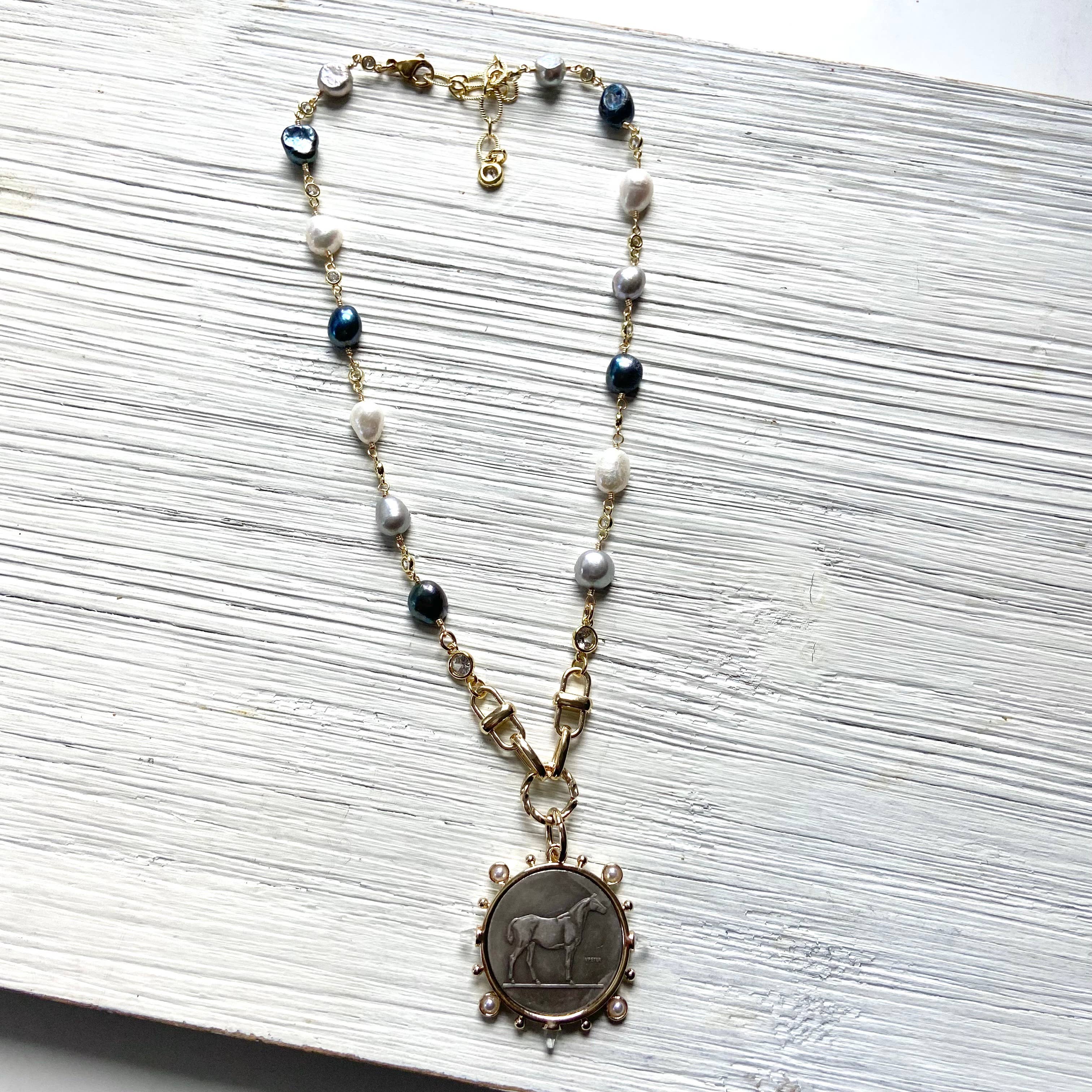 Equestrian Coin Necklace Baroque Denim Pearls