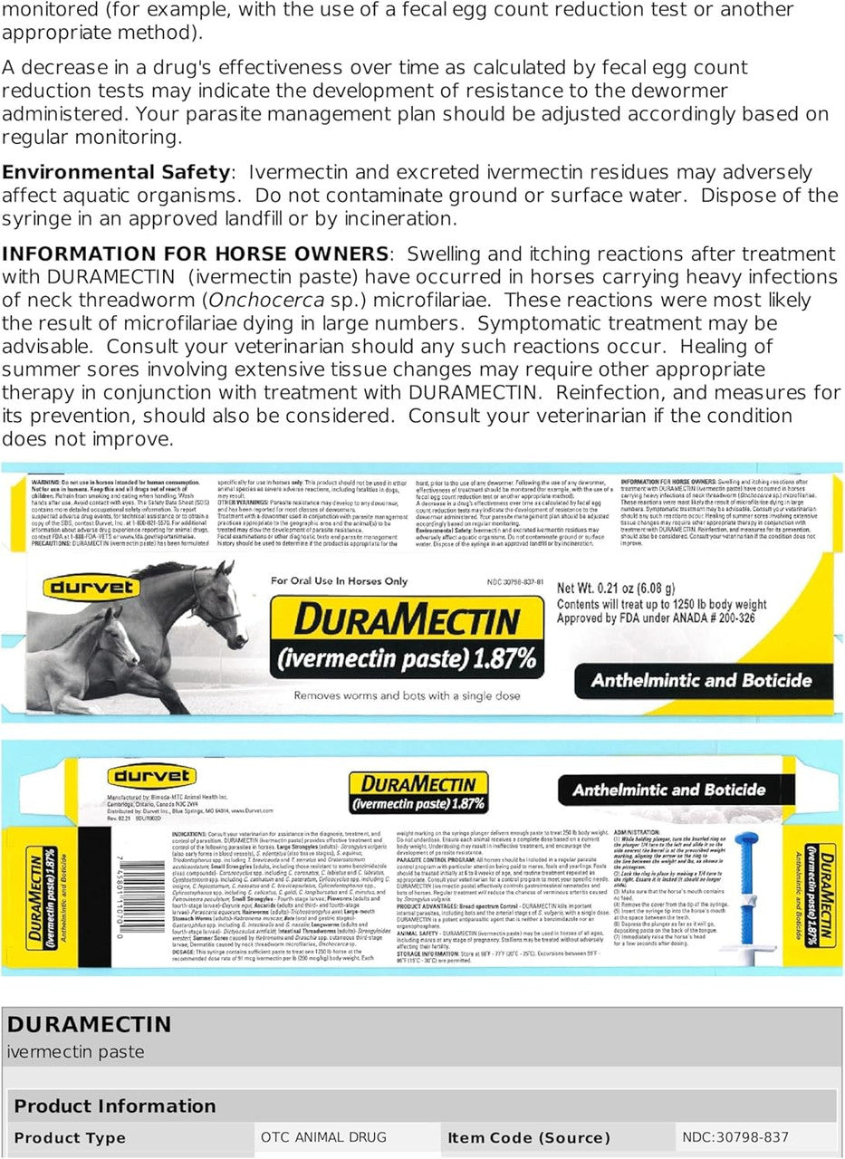 DuraMectin Paste Horse Dewormer (1.87% Ivermectin) - sku to order - 106260