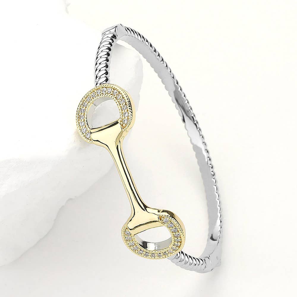 Sensibling Corp. - Two Tone CZ Paved Horsebit Accented Hinged Bangle Bracelet